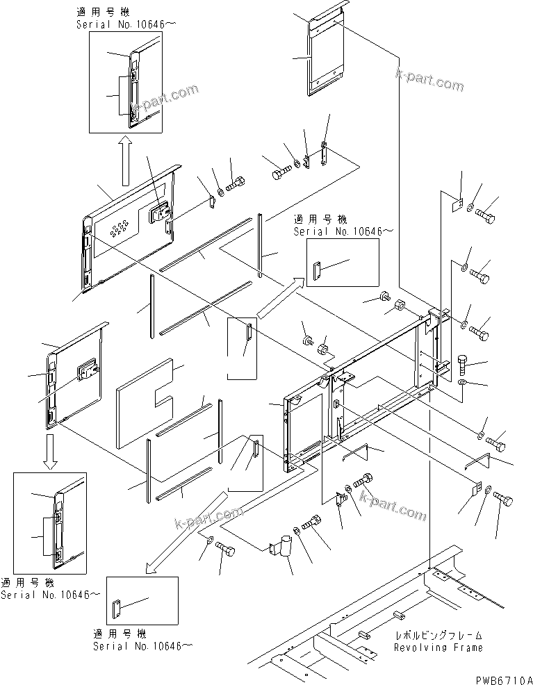 Komatsu parts book diagram for PC350-6 S/N 10001-UP: RIGHT SIDE DOOR (MACHINE CAB) (WITH HOLE)(#10001-11999)