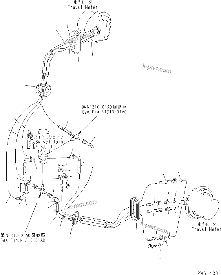 Komatsu parts book diagram for PC350-6 S/N 10001-UP: TRAVEL PIPING(#10001-12283)