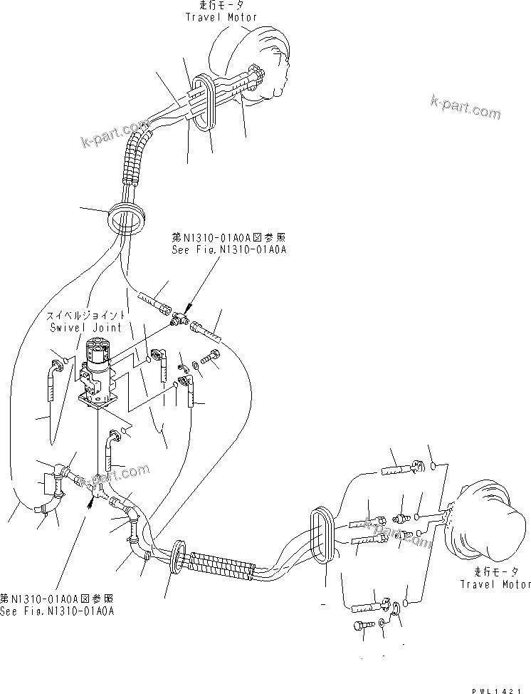 Komatsu parts book diagram for PC350-6 S/N 10001-UP: TRAVEL PIPING(#12284-)