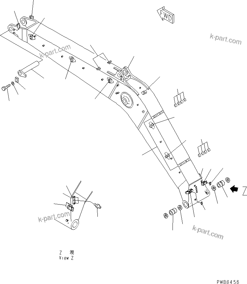 Komatsu parts book diagram for PC350-6 S/N 10001-UP: BOOM (HEAVY DUTY) (BOOM AND TOP PIN) (WITH AUTO GREASING)        (FOR ADDITONAL PIPING)(#10669-)