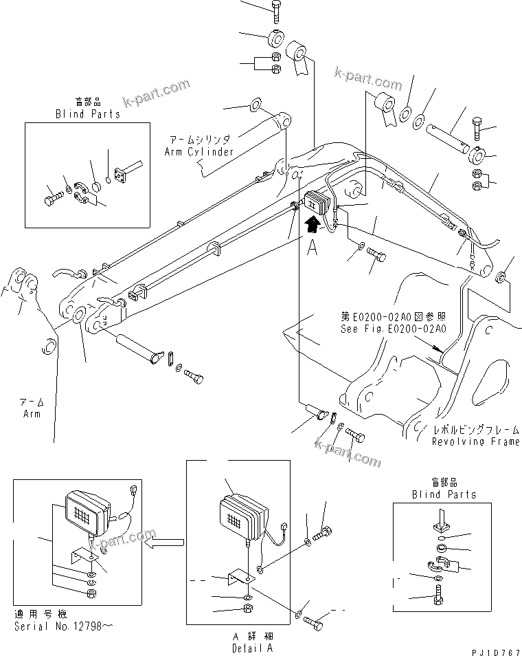 Komatsu parts book diagram for PC350-6 S/N 10001-UP: BOOM (CYLINDER PIN AND WORKING LAMP) (FOR ADDITIONAL PIPING)