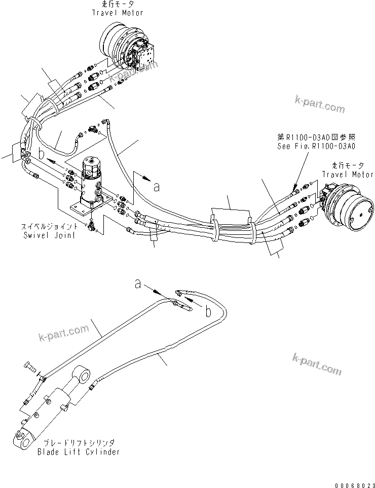 Komatsu parts book diagram for PC35MR-3(JPN)-FOR CAB S/N 15001-UP: TRAVEL AND BLADE PIPING