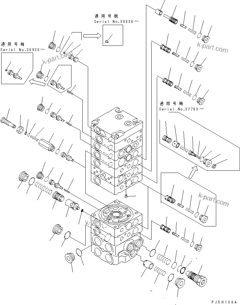 Komatsu parts book diagram for PC35R-8 S/N 35001-UP: MAIN VALVE (8-VALVE) (9/15)