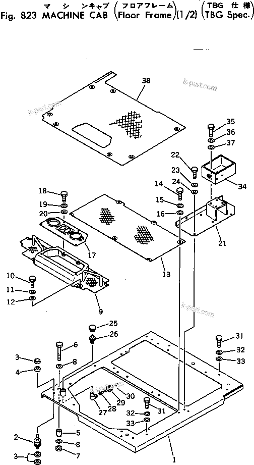 Komatsu parts book diagram for PC40-2 S/N 4501-UP: MACHINE CAB (FLOOR FRAME) (1/2) (TBG SPEC.)