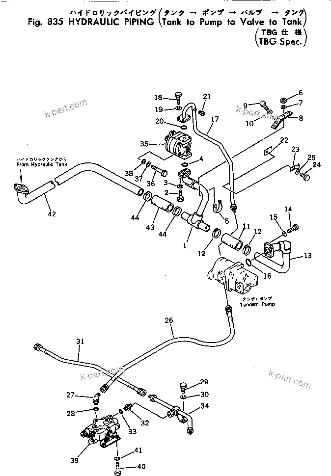 Komatsu parts book diagram for PC40-2 S/N 4501-UP: HYDRAULIC PIPING (TANK TO PUMP TO VALVE TO TANK) (TBG SPEC.)