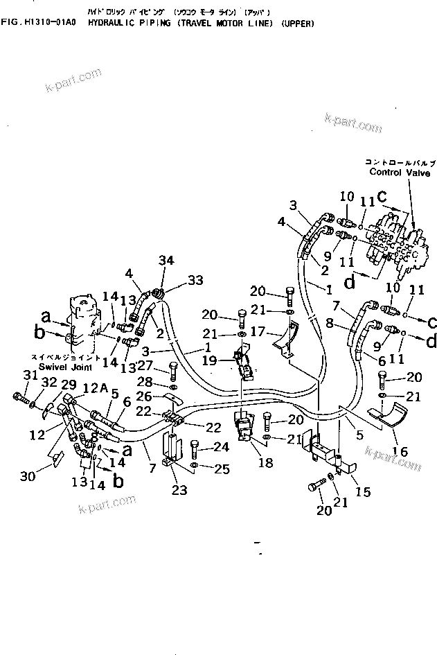 Komatsu parts book diagram for PC40-7 S/N 18001-UP: HYDRAULIC PIPING (TRAVEL MOTOR LINE) (UPPER)