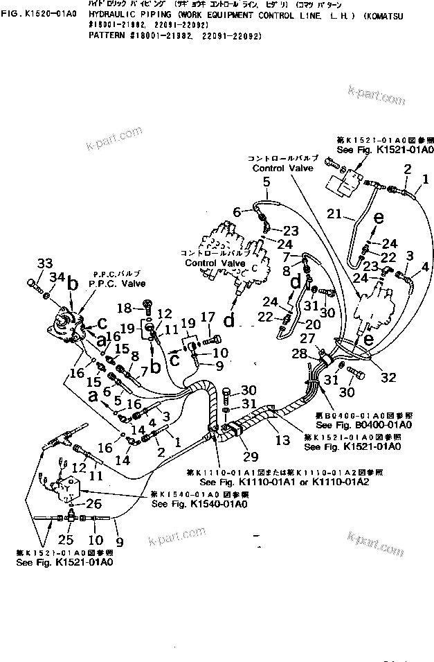 Komatsu parts book diagram for PC40-7 S/N 18001-UP: HYDRAULIC PIPING (WORK EQUIPMENT CONTROL LINE ? L.H.) (KOMATSU    PATTERN #18001-21982 ? 22091-22092)