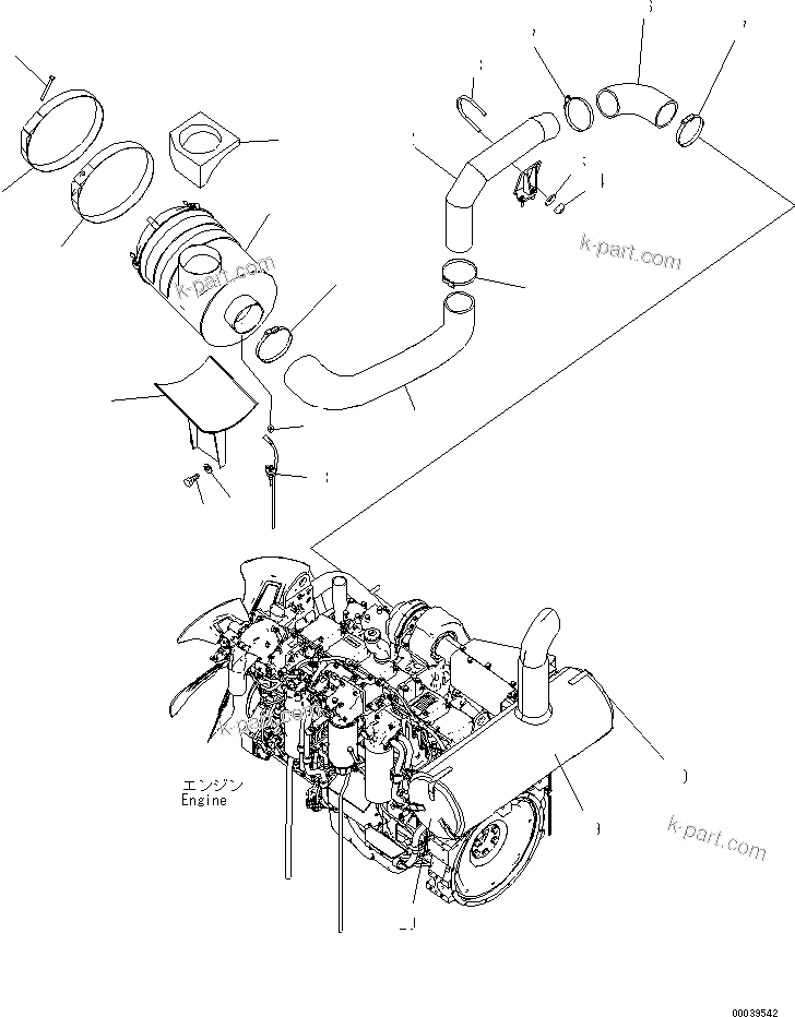 Komatsu parts book diagram for PC400-7E0 S/N 60001-UP (ecot3): AIR CLEANER CONNECTION (WITH PRE-CLEANER)