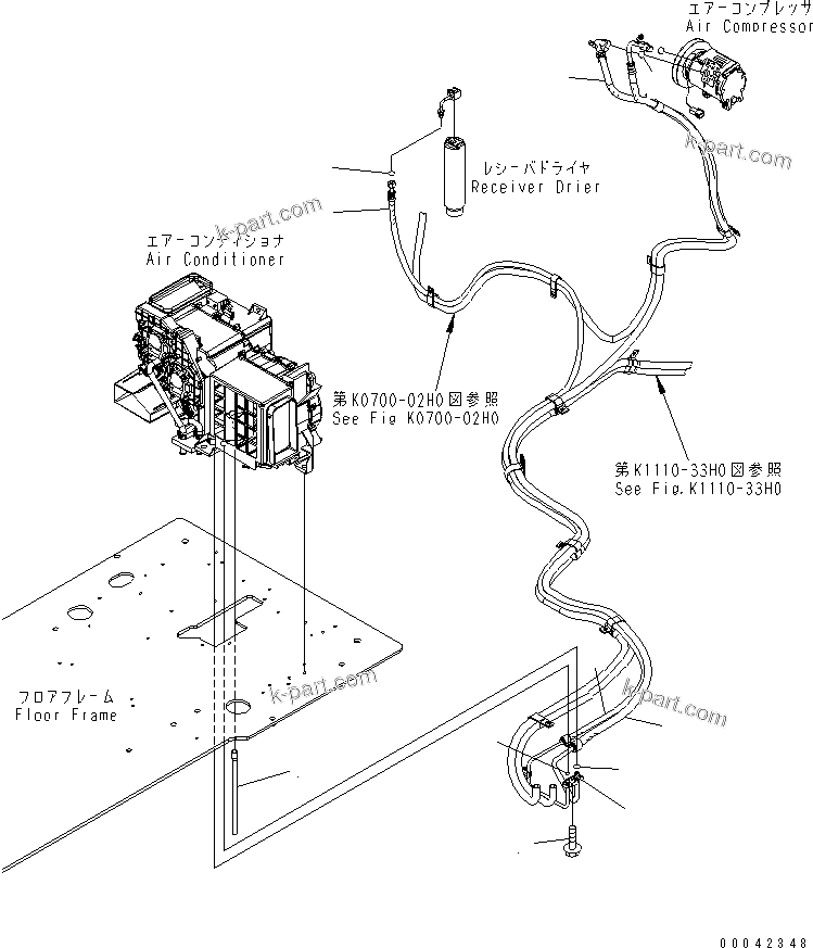 Komatsu parts book diagram for PC400-7E0 S/N 60001-UP (ecot3): FLOOR FRAME (OPERATOR'S CAB) (AIR CONDITIONER HOSE)