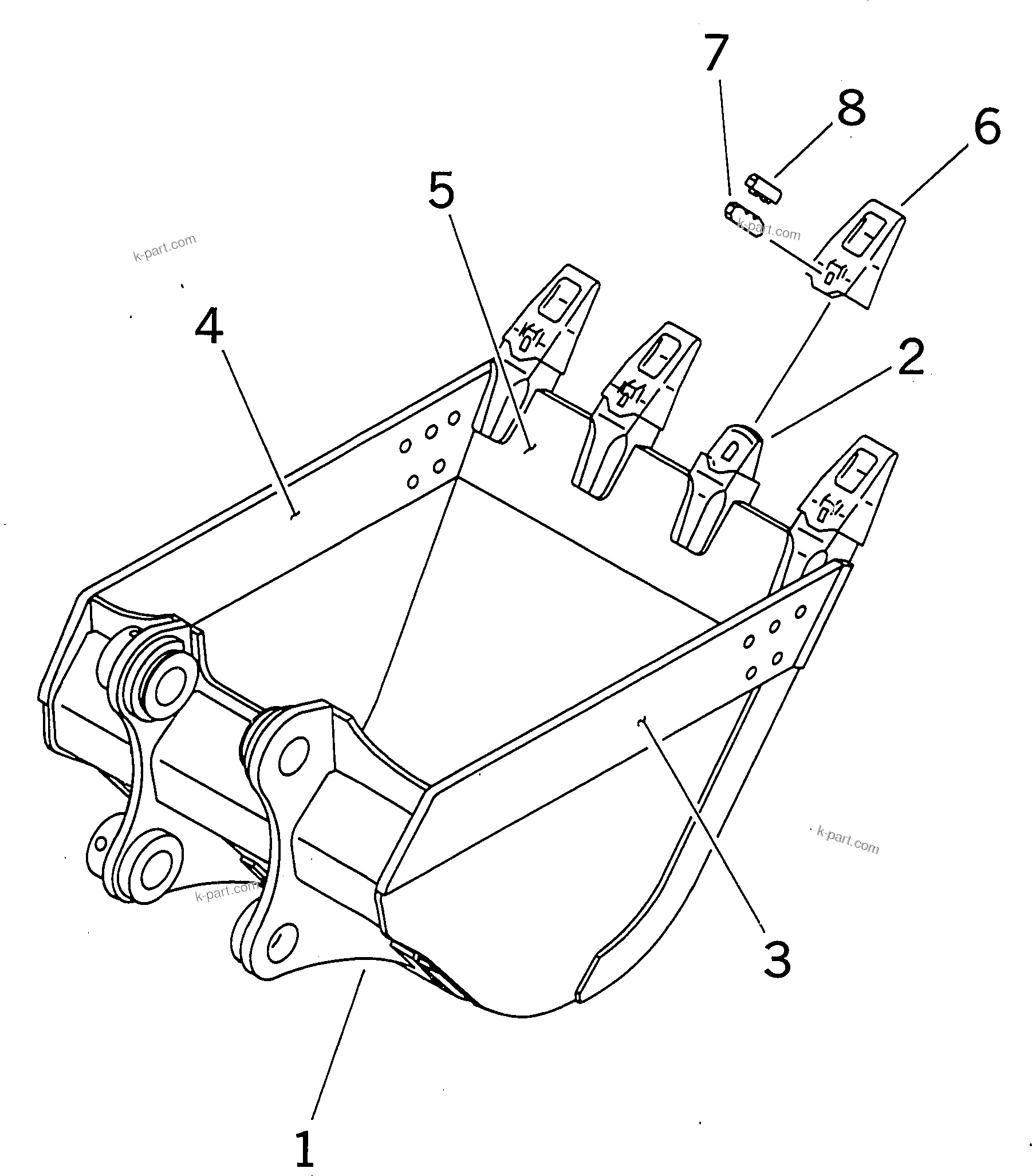Komatsu parts book diagram for PC400-7E0 S/N 60001-UP (ecot3): BUCKET ? 1.6M3 ? 1270MM (VERTICAL PIN TYPE)