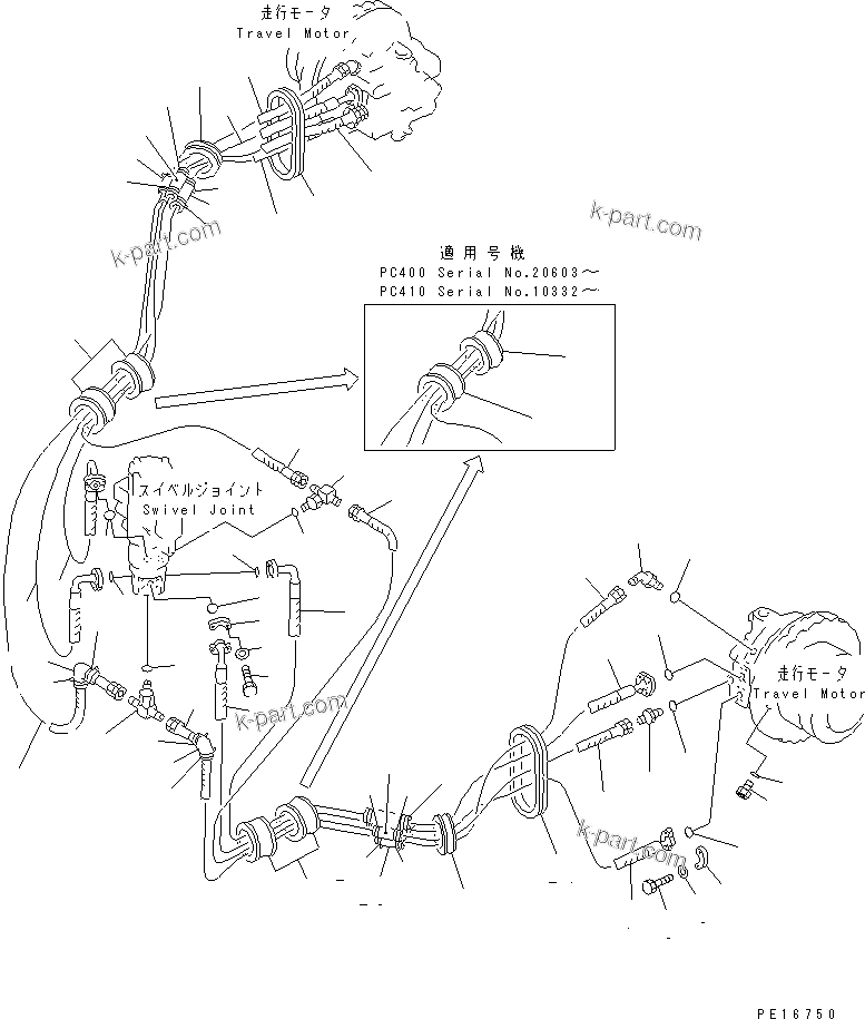 Komatsu parts book diagram for PC400LC S/N 20001-UP (Mighty Spec.): TRAVEL PIPING (FOR VARIABLE GAUGE)