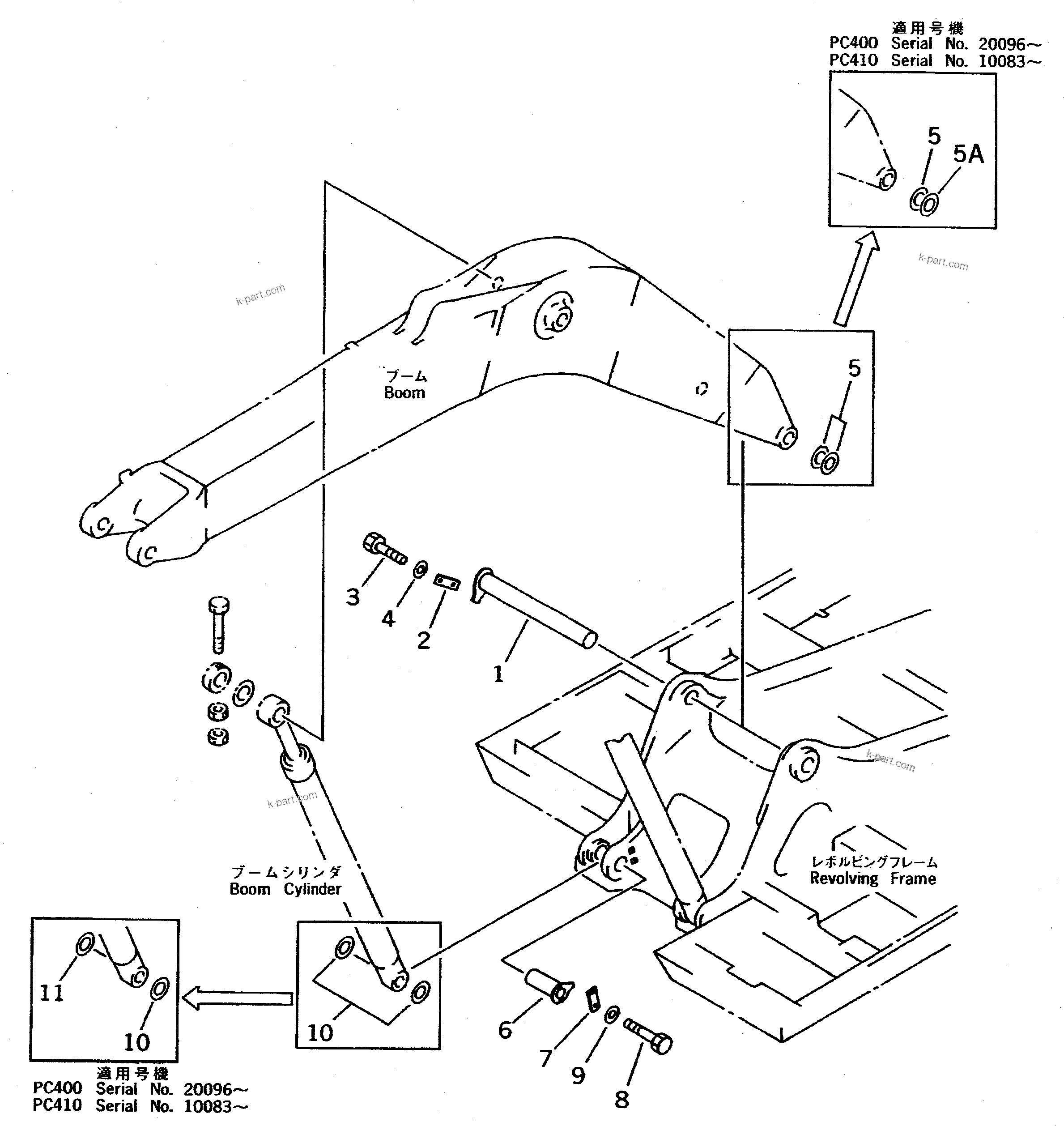 Komatsu parts book diagram for PC400LC S/N 20001-UP (Mighty Spec.): BOOM FOOT PIN