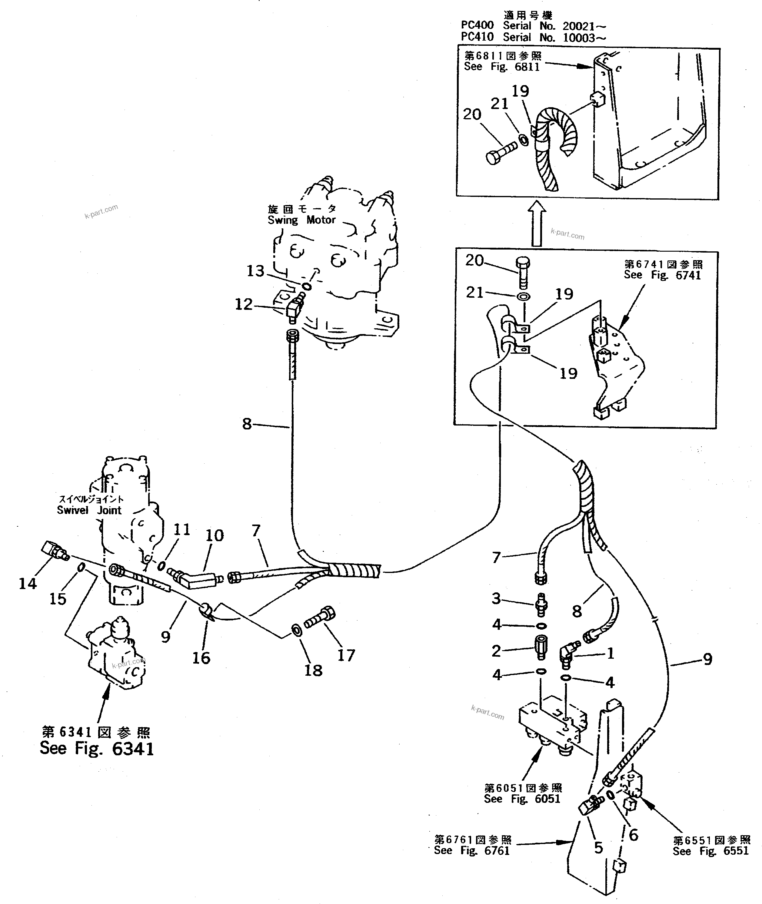 Komatsu parts book diagram for PC400LC S/N 20001-UP (Mighty Spec.): TRAVEL HIGH-LOW VALVE PIPING