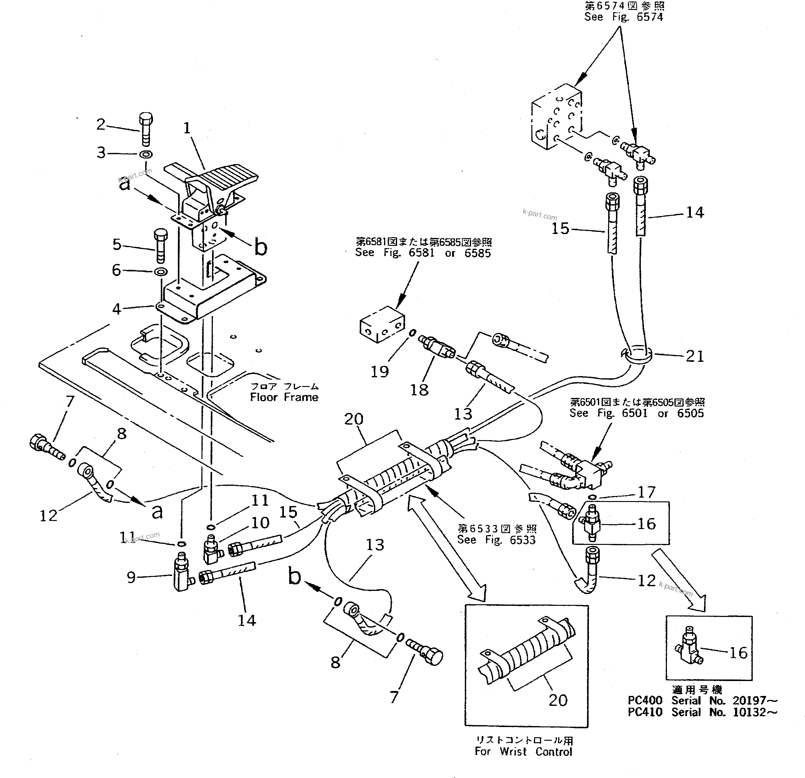 Komatsu parts book diagram for PC400LC S/N 20001-UP (Mighty Spec.): PILOT PIPING (PEDAL TO/FROM SHUTTLE VALVE)                       (FOR ADDITIONAL PIPING)