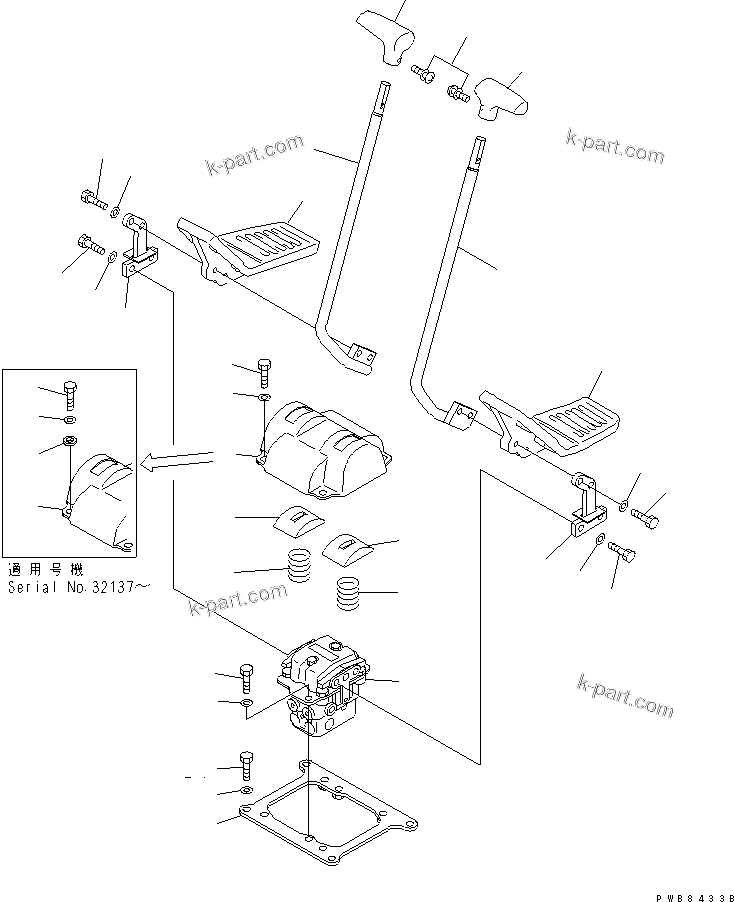 Komatsu parts book diagram for PC400LC-6 S/N 30001-UP: FLOOR FRAME (TRAVEL LEVER) (2 ACTUATOR)(#32001-32483)