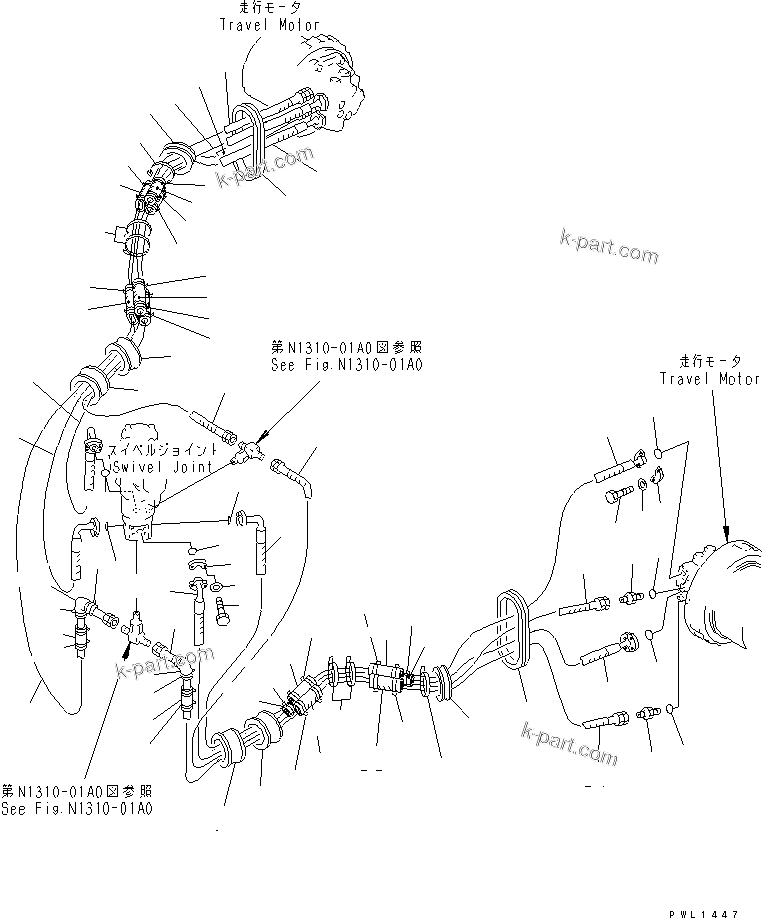 Komatsu parts book diagram for PC400LC-6 S/N 30001-UP: TRAVEL PIPING (FOR VARIABLE GAUGE)(#30001-32264)