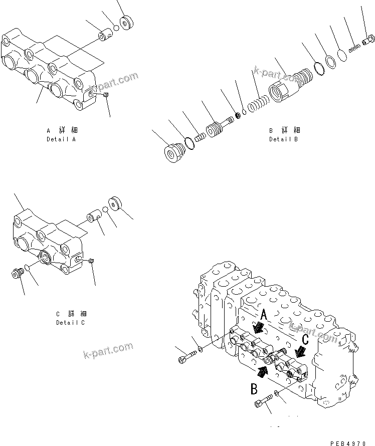 Komatsu parts book diagram for PC400LC-6 S/N 30001-UP: MAIN VALVE (2-ACTUATOR) (7/15) (ATTACHMENT LINE LESS)