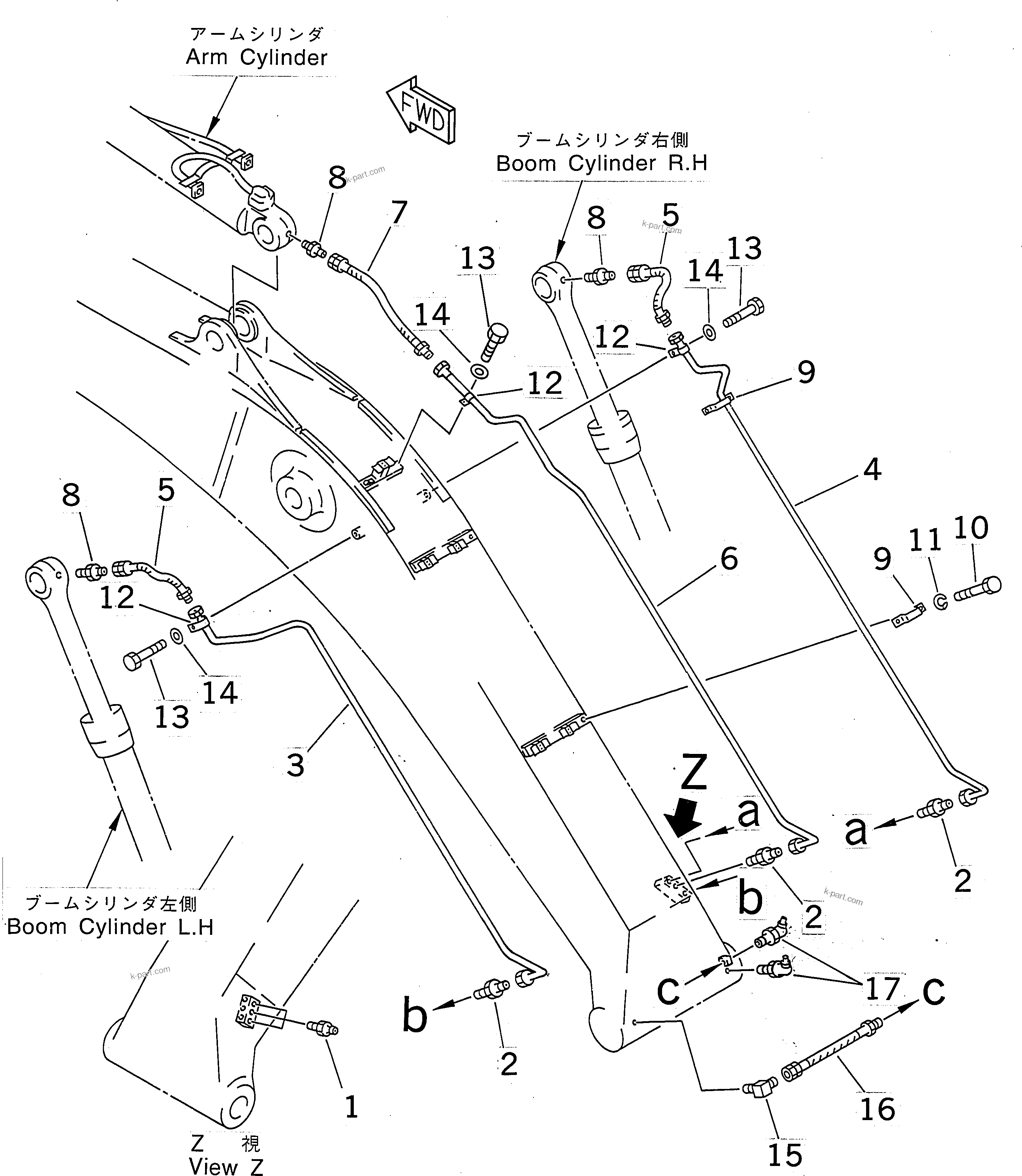 Komatsu parts book diagram for PC400LC-6 S/N 30001-UP (SAA6D125E-2 (Emission) Eng. Installed): BOOM (LUBRICATING LINE)