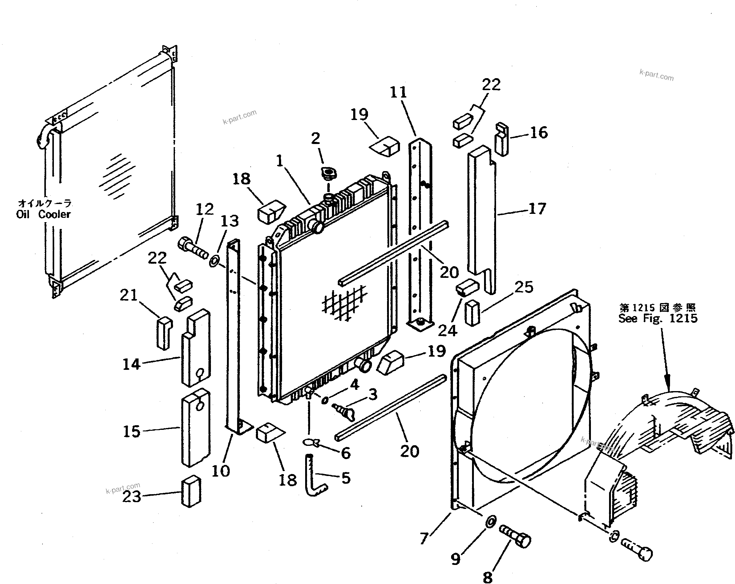 Komatsu parts book diagram for PC400LC-5 S/N 20001-UP (Overseas Version): RADIATOR (WITH FAN GUARD) (EXCEPT JAPAN)(#20603-)