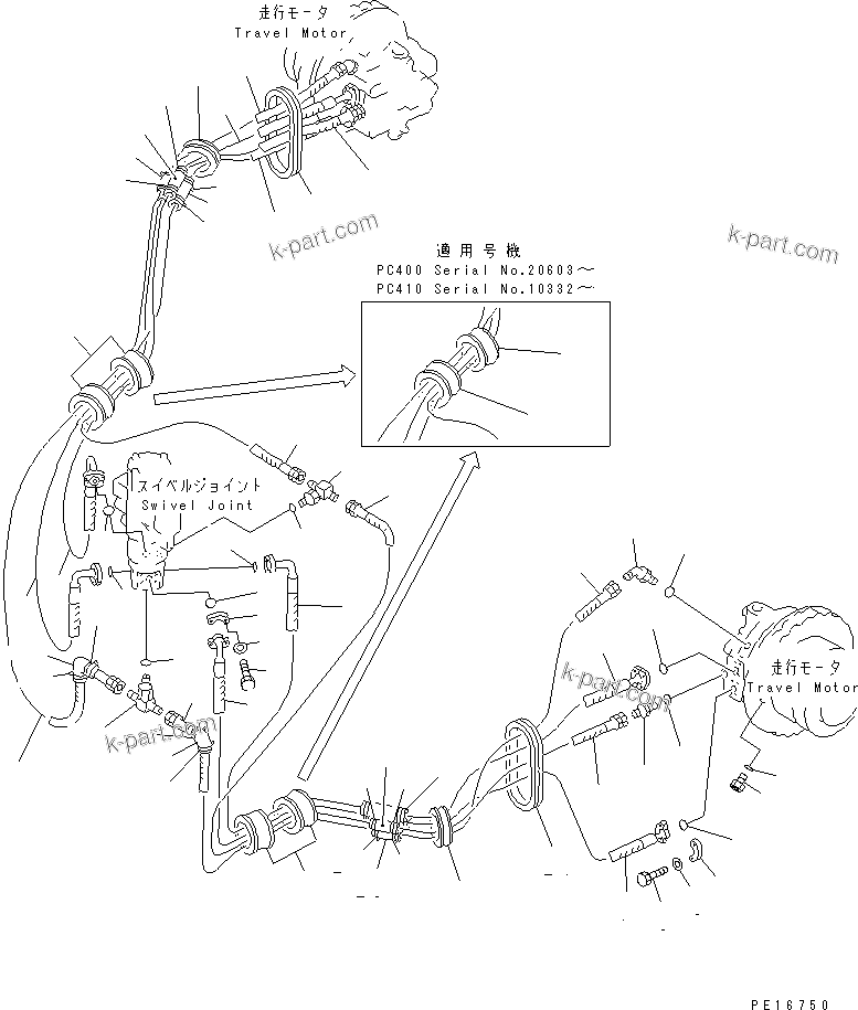 Komatsu parts book diagram for PC400LC-5 S/N 20001-UP (Overseas Version): TRAVEL PIPING (FOR VARIABLE GAUGE)