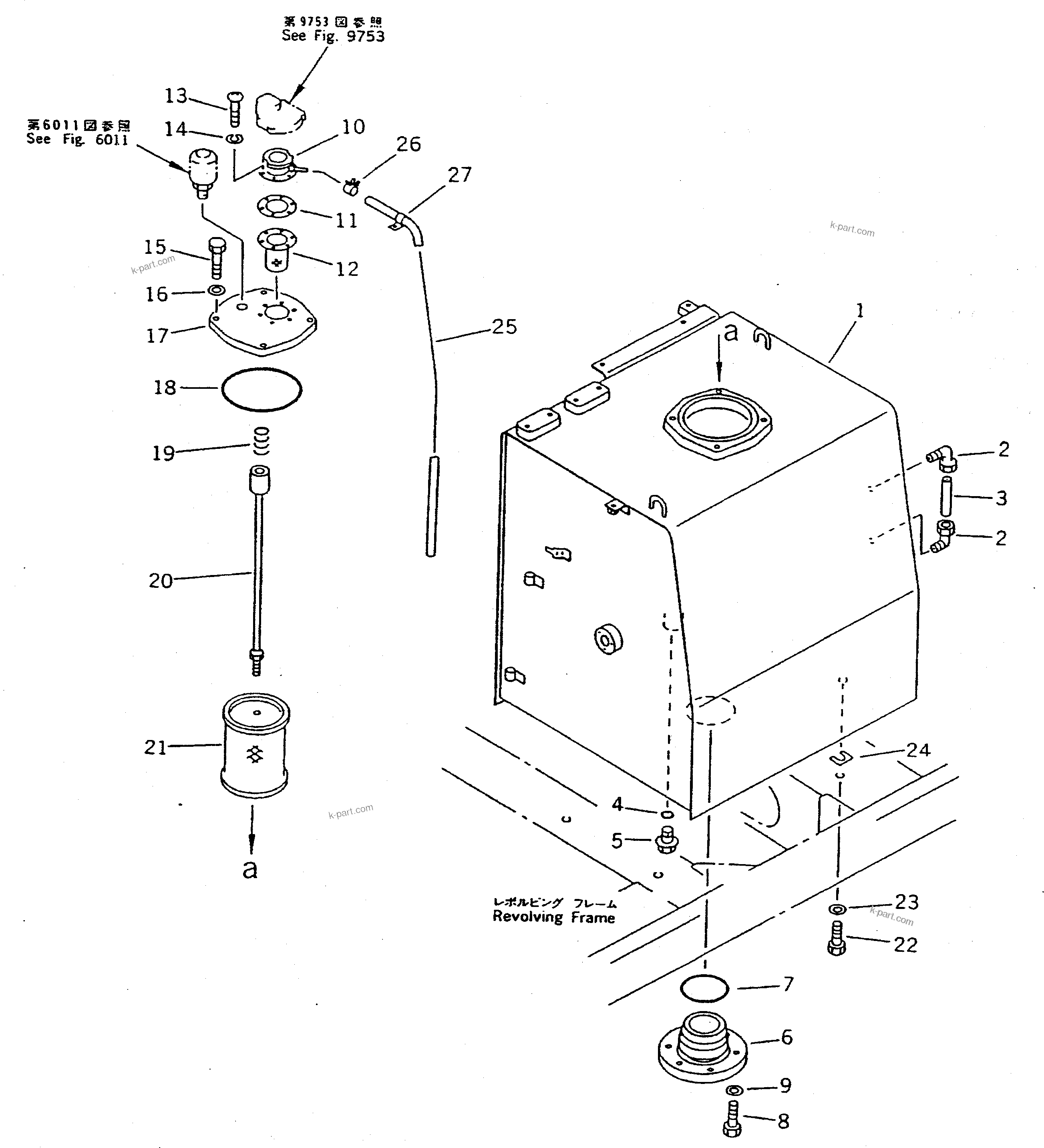 Komatsu parts book diagram for PC400LC-5 S/N 20001-UP (Overseas Version): HYDRAULIC TANK (WITH BREATHER HOSE)