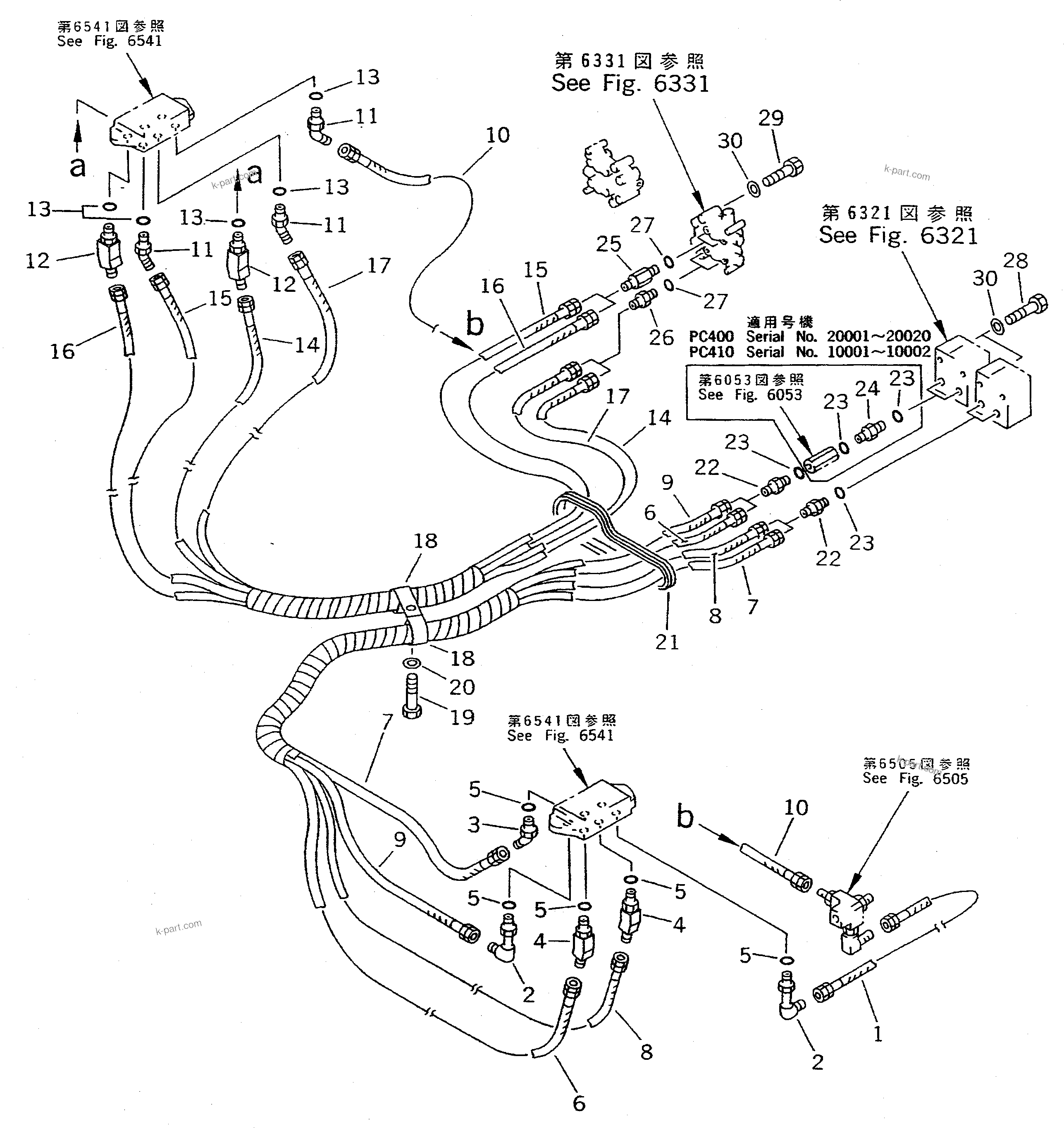 Komatsu parts book diagram for PC400LC-5 S/N 20001-UP (Overseas Version): P.P.C. VALVE PIPING (BLOCK TO/FROM SHUTTLE VALVE)                (FOR WRIST CONTROL) (EXCEPT JAPAN)