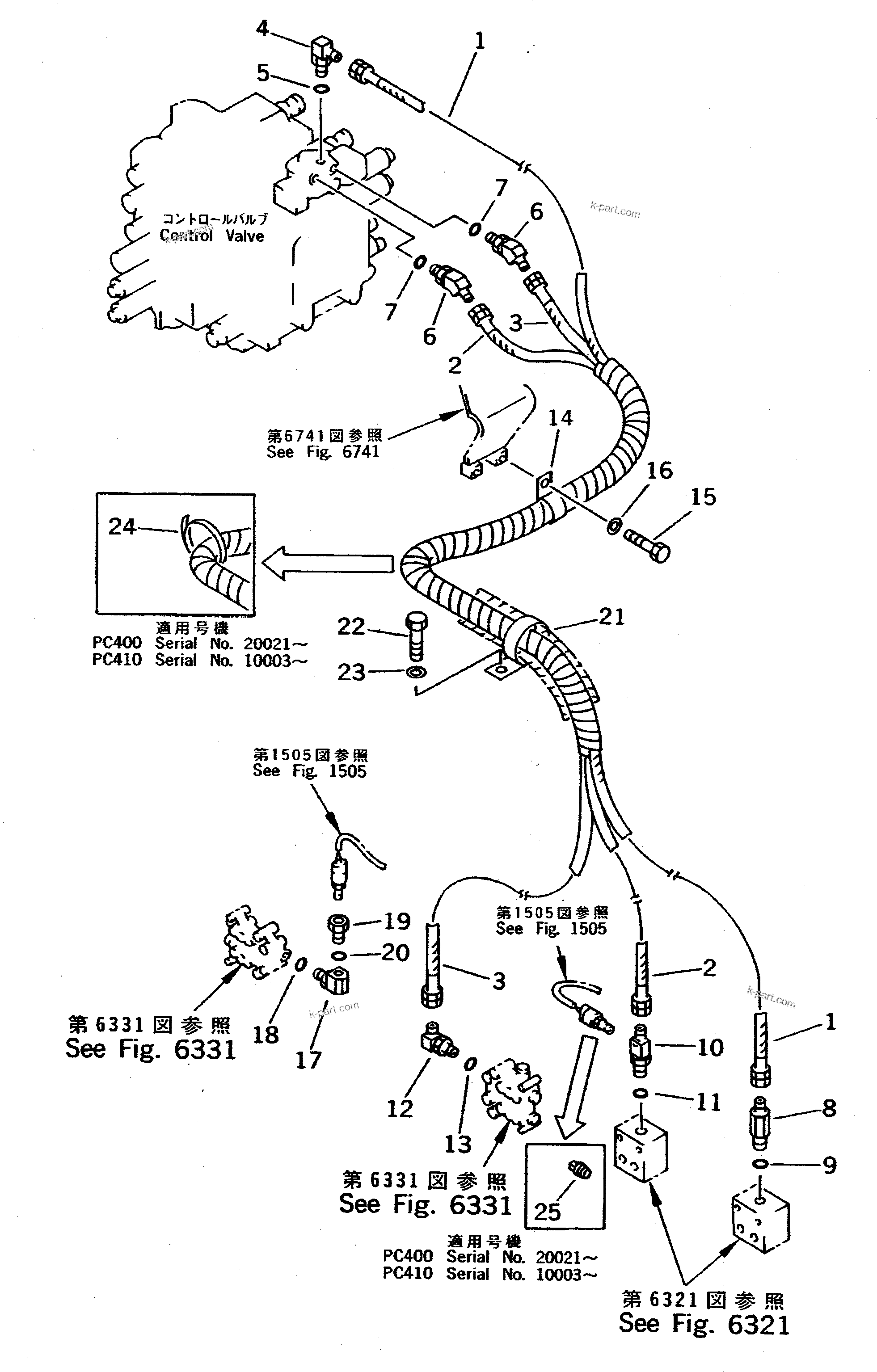 Komatsu parts book diagram for PC400LC-5 S/N 20001-UP (Overseas Version): P.P.C. VALVE PIPING (SHUTTLE VALVE TO/FROM TRAVEL SHUTTLE VALVE)