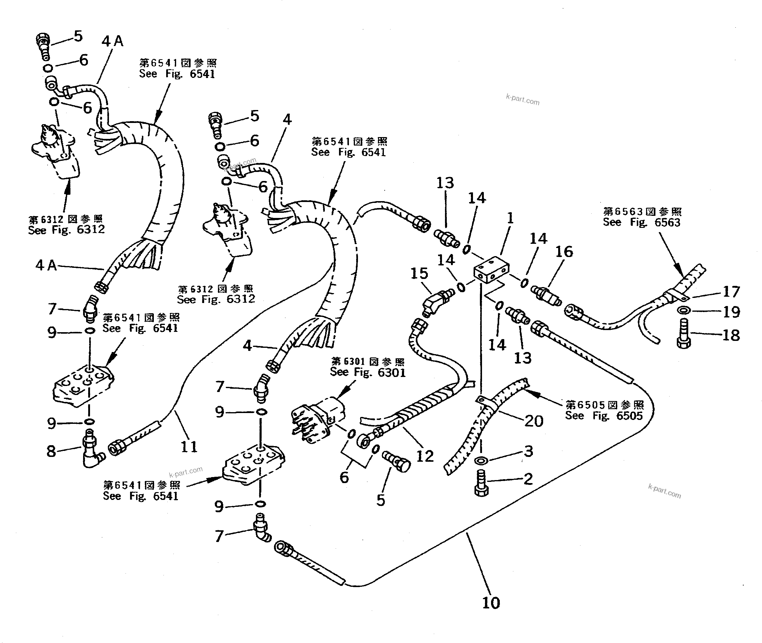 Komatsu parts book diagram for PC400LC-5 S/N 20001-UP (Overseas Version): P.P.C. VALVE RETURN PIPING (FOR WRIST CONTROL)