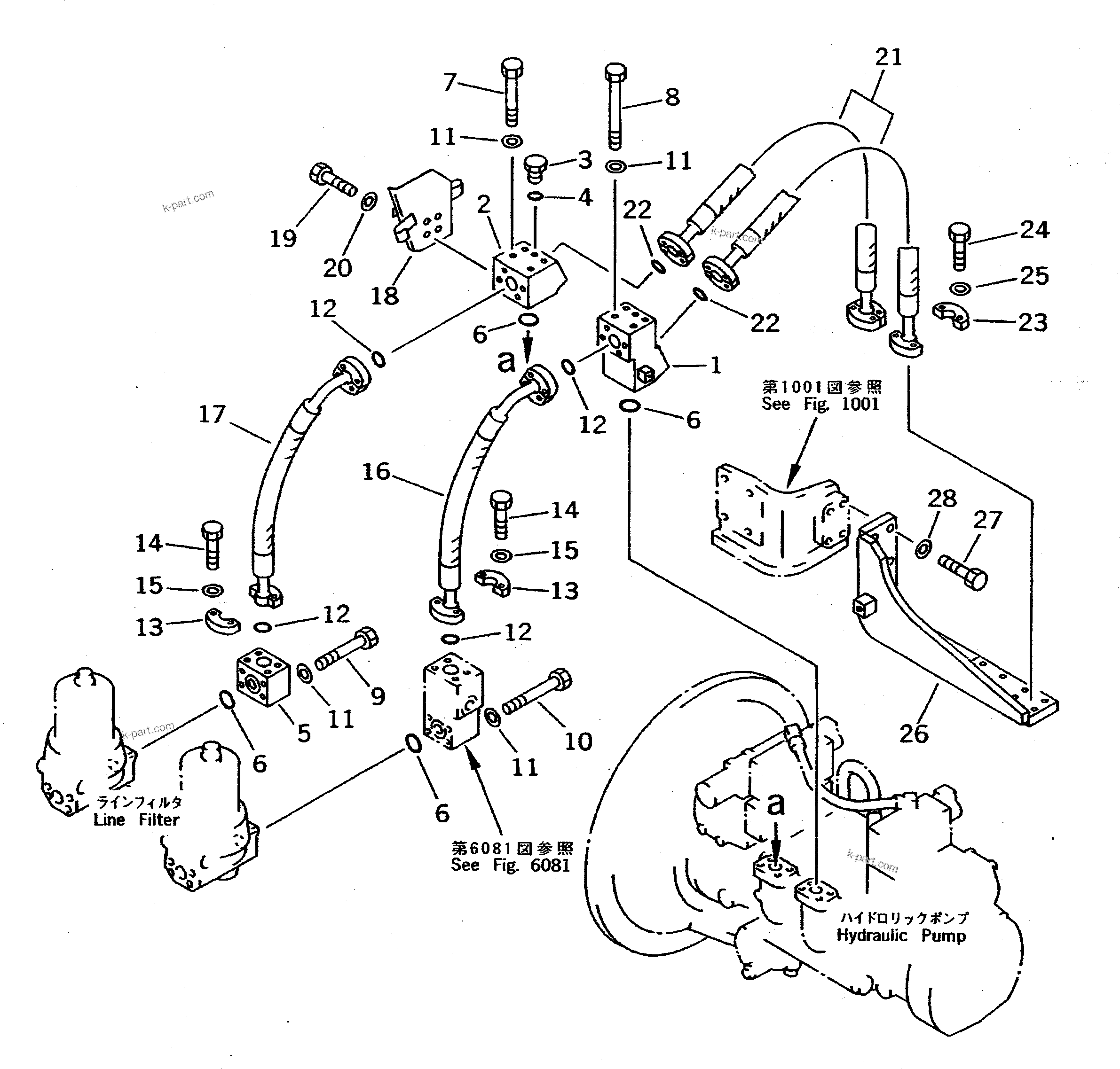 Komatsu parts book diagram for PC400LC-5 S/N 20001-UP (Overseas Version): PUMP TO LINE FILTER PIPING (WITH COUNTER WEIGHT REMOVER)