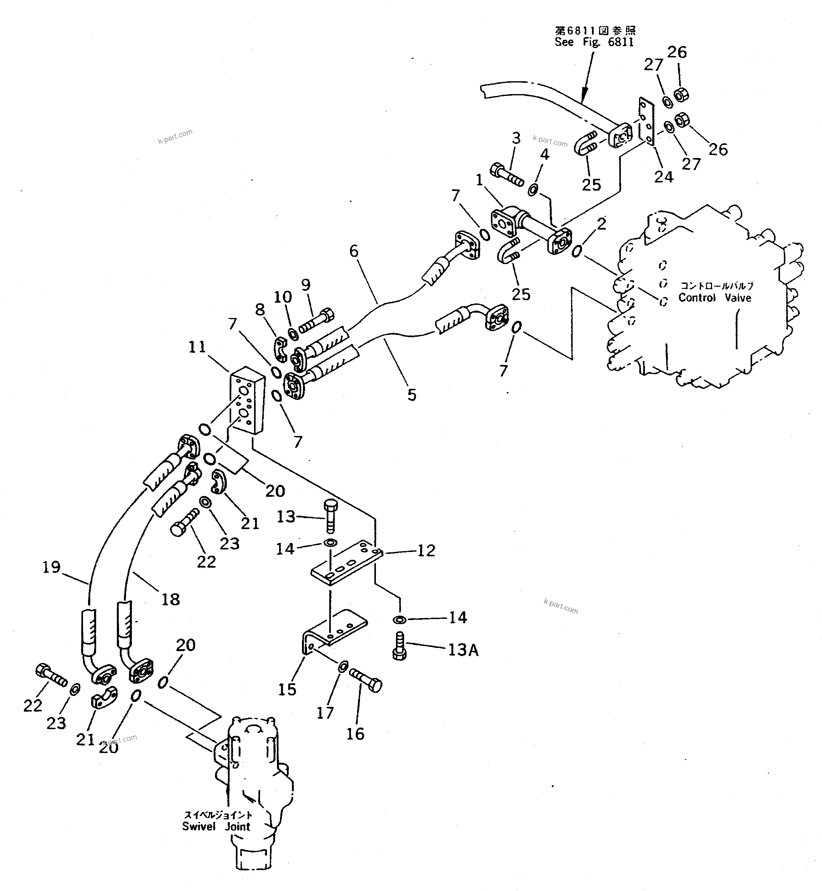 Komatsu parts book diagram for PC400LC-5 S/N 20001-UP (Overseas Version): CONTROL VALVE TO/FROM SWIVEL JOINT PIPING (FOR RIGHT TRAVEL)