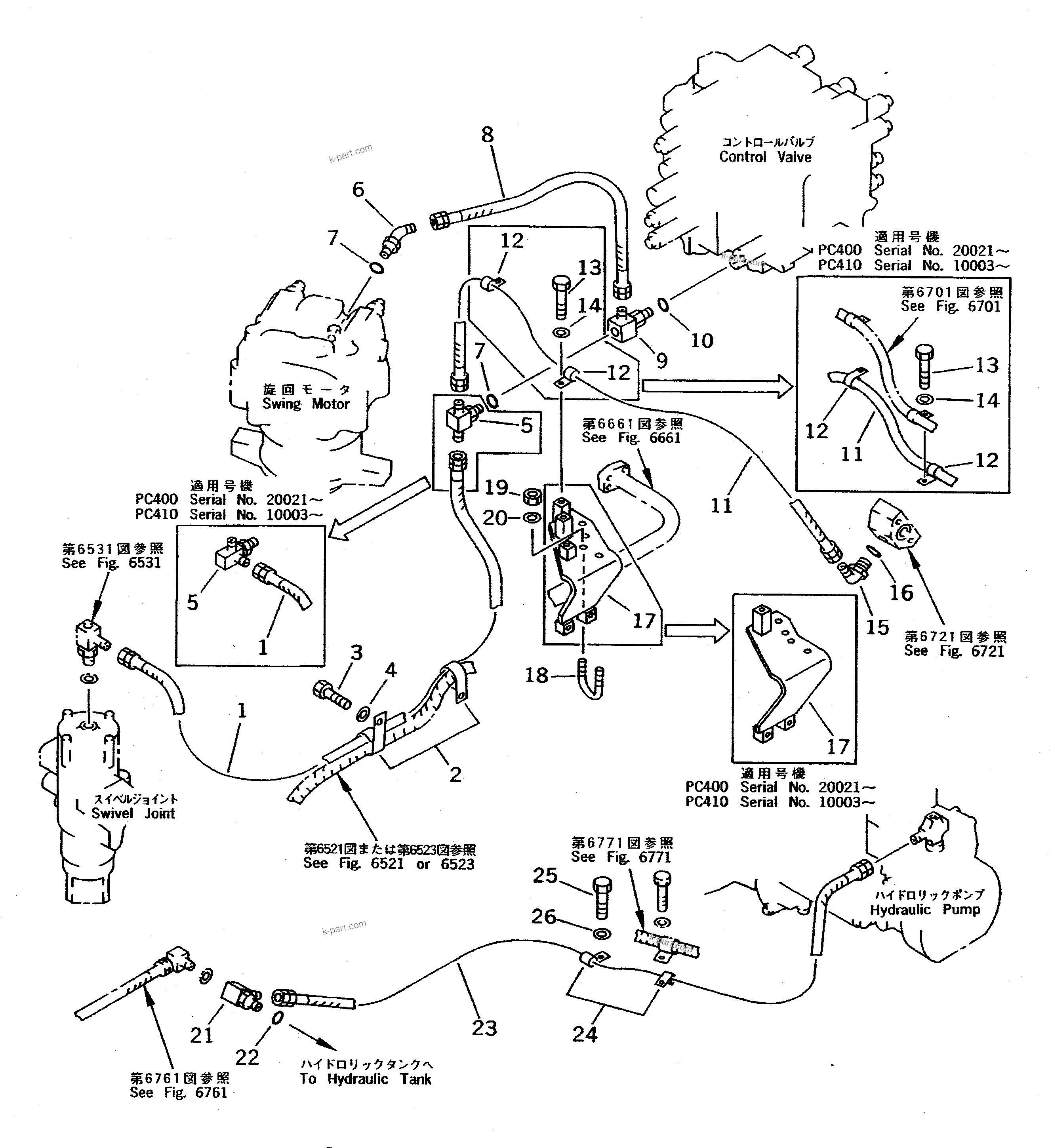 Komatsu parts book diagram for PC400LC-5 S/N 20001-UP (Overseas Version): DRAIN PIPING(#20001-20602)