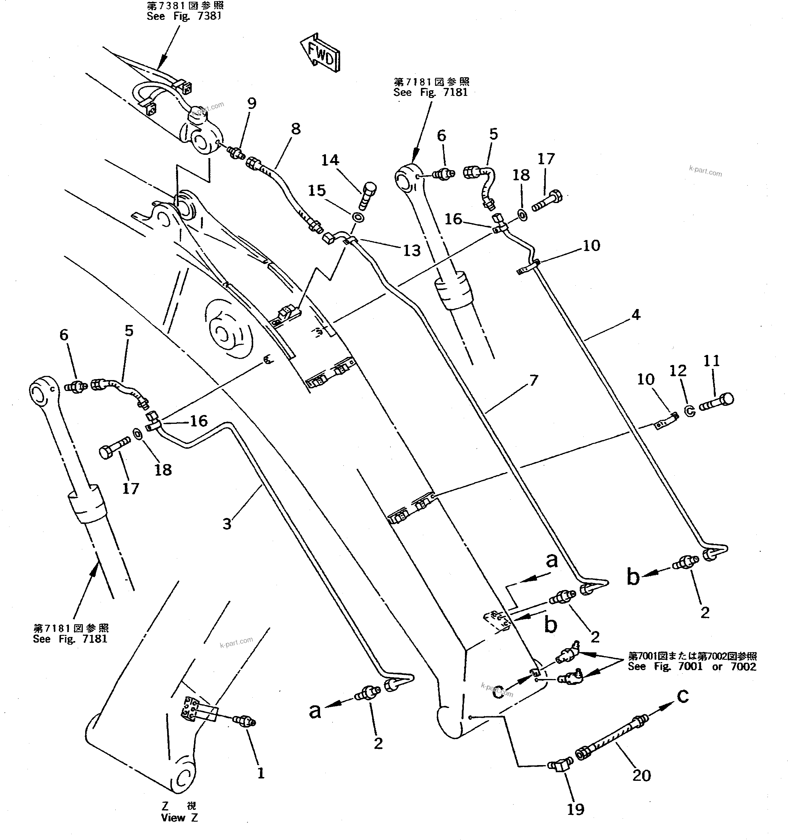 Komatsu parts book diagram for PC400LC-5 S/N 20001-UP (Overseas Version): WORK EQUIPMENT LUBRICATION PIPING (BOOM SIDE)