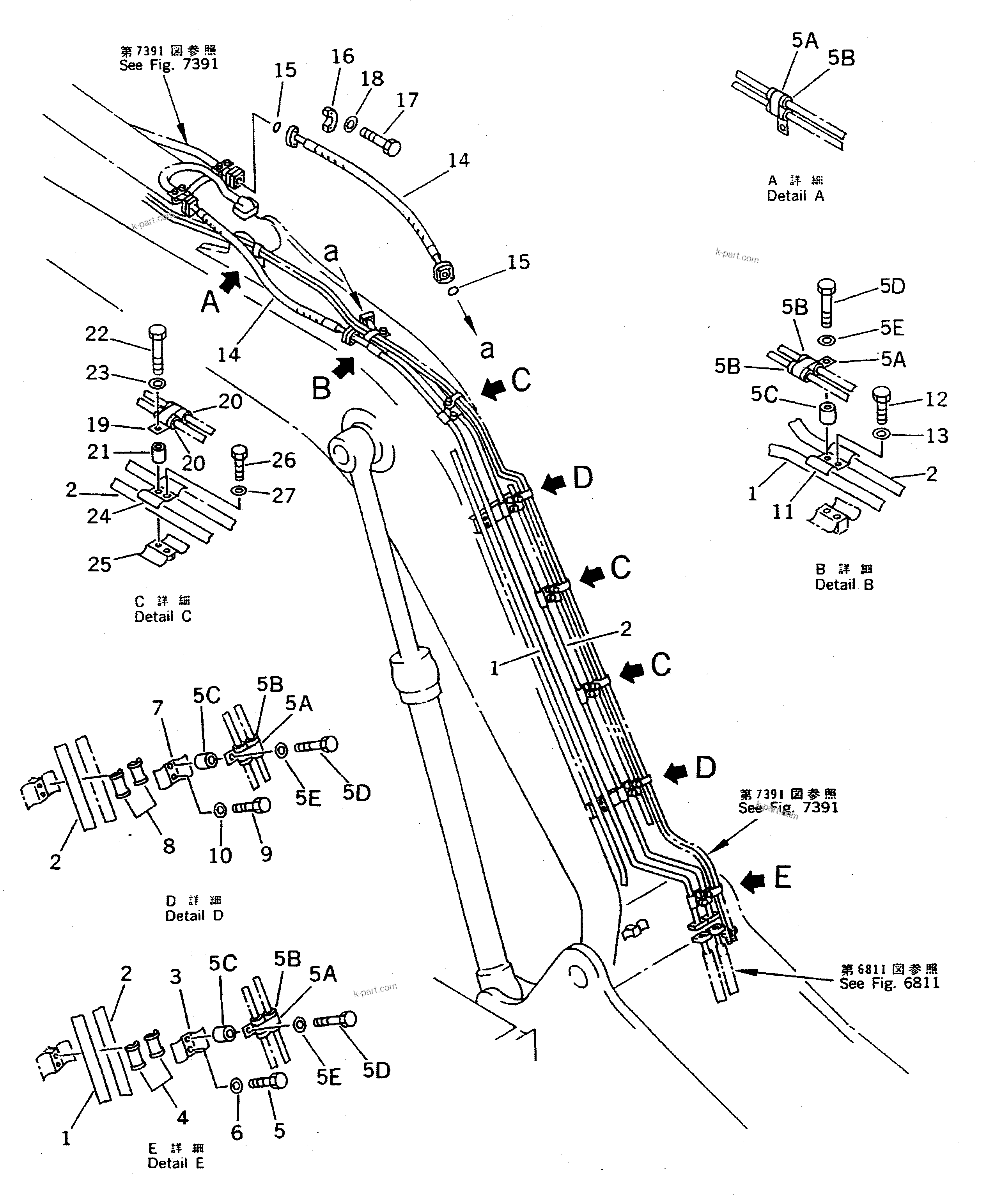 Komatsu parts book diagram for PC400LC-5 S/N 20001-UP (Overseas Version): ARM CYLINDER PIPING (ATTACHMENT SIDE) (WITH CYLINDER LOCK VALVE) (REXROTH)