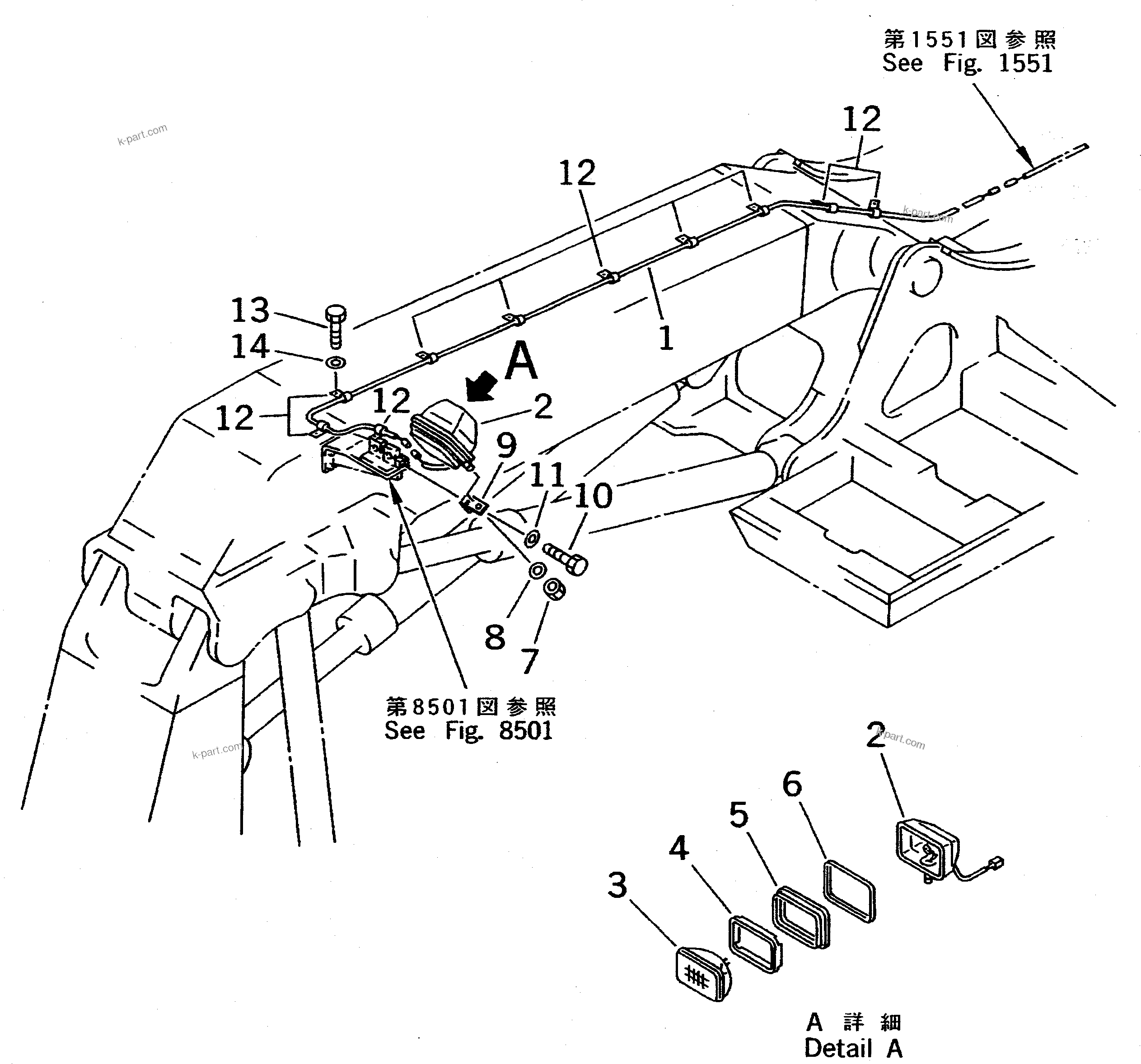 Komatsu parts book diagram for PC400LC-5 S/N 20001-UP (Overseas Version): WORKING LAMP (BOOM SIDE) (FOR BOTTOM DUMP LOADER)