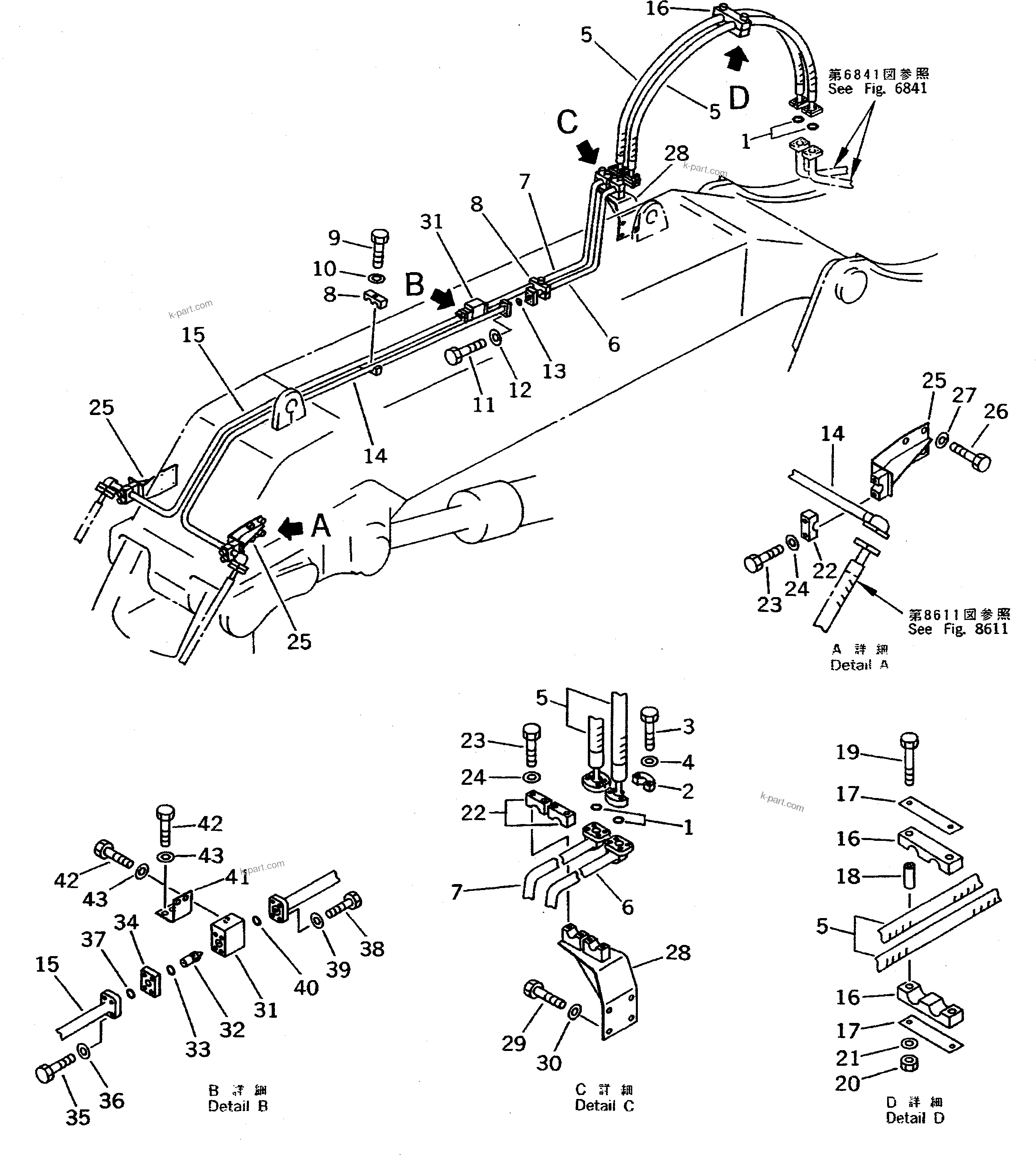 Komatsu parts book diagram for PC400LC-5 S/N 20001-UP (Overseas Version): BOTTOM DUMP CYLINDER PIPING (BOOM SIDE) (FOR BOTTOM DUMP LOADER)