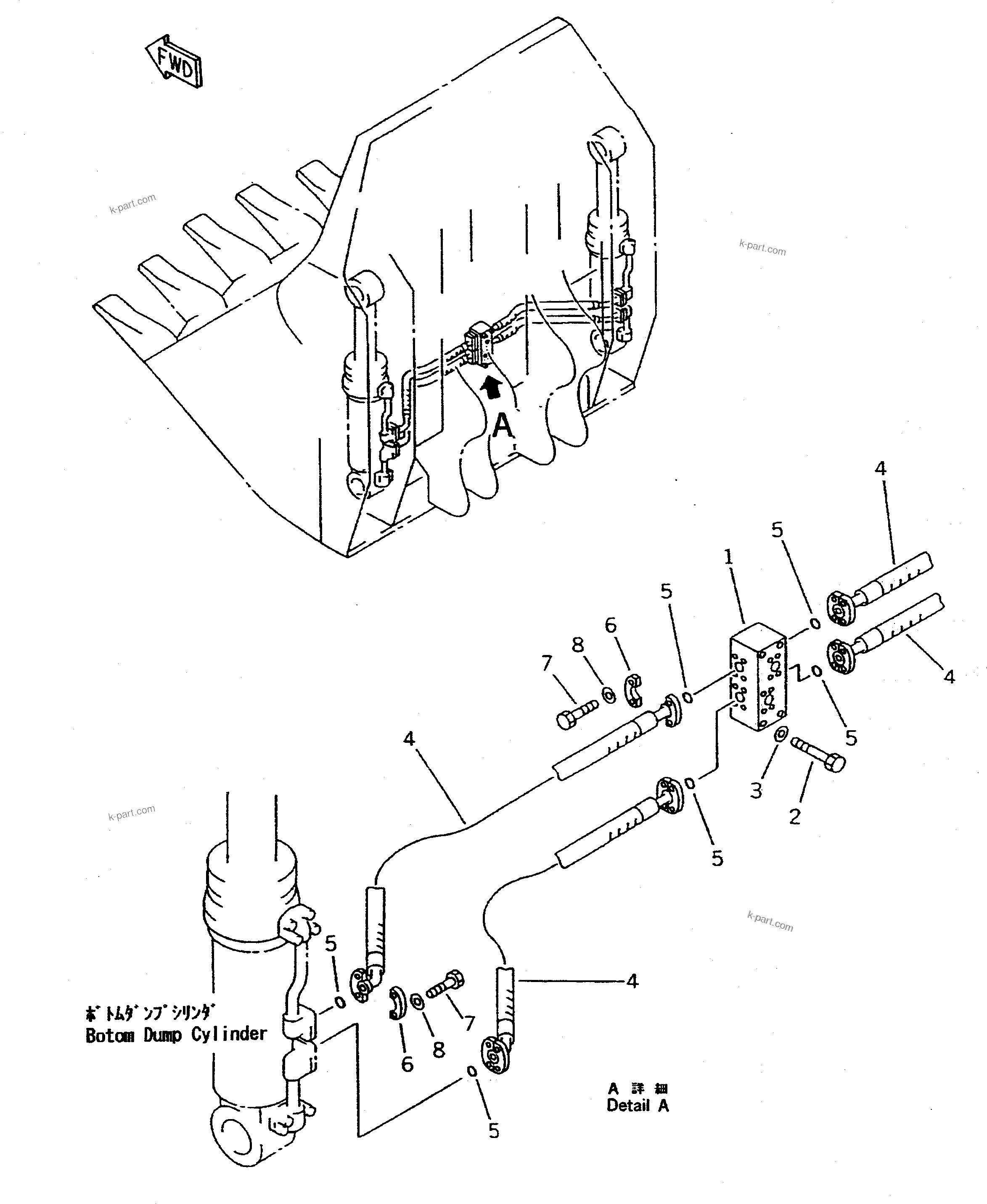 Komatsu parts book diagram for PC400LC-5 S/N 20001-UP (Overseas Version): BOTTOM DUMP CYLINDER PIPING (BUCKET SIDE)(FOR BOTTOM DUMP LOADER)