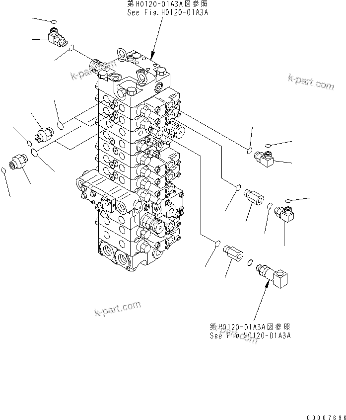 Komatsu parts book diagram for PC40MR-1 S/N 1001-UP: MAIN VALVE (PLUG AND ELBOW) (FOR ATACHMENT) (FOR POWER ANGLE POWER TILT)(#5501-)