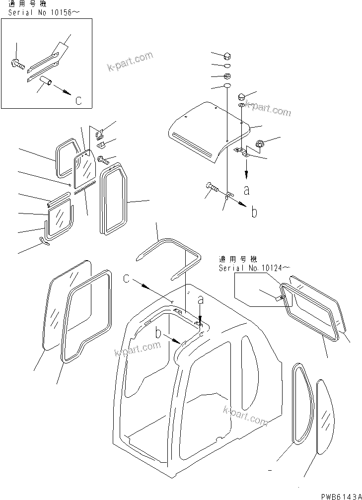 Komatsu parts book diagram for PC450LC-6 S/N 10001-UP: OPERATOR'S CAB (WINDOW AND ROOF VENTILATOR) (WITH SEE THROUGH ROOF)(#10001-11999)