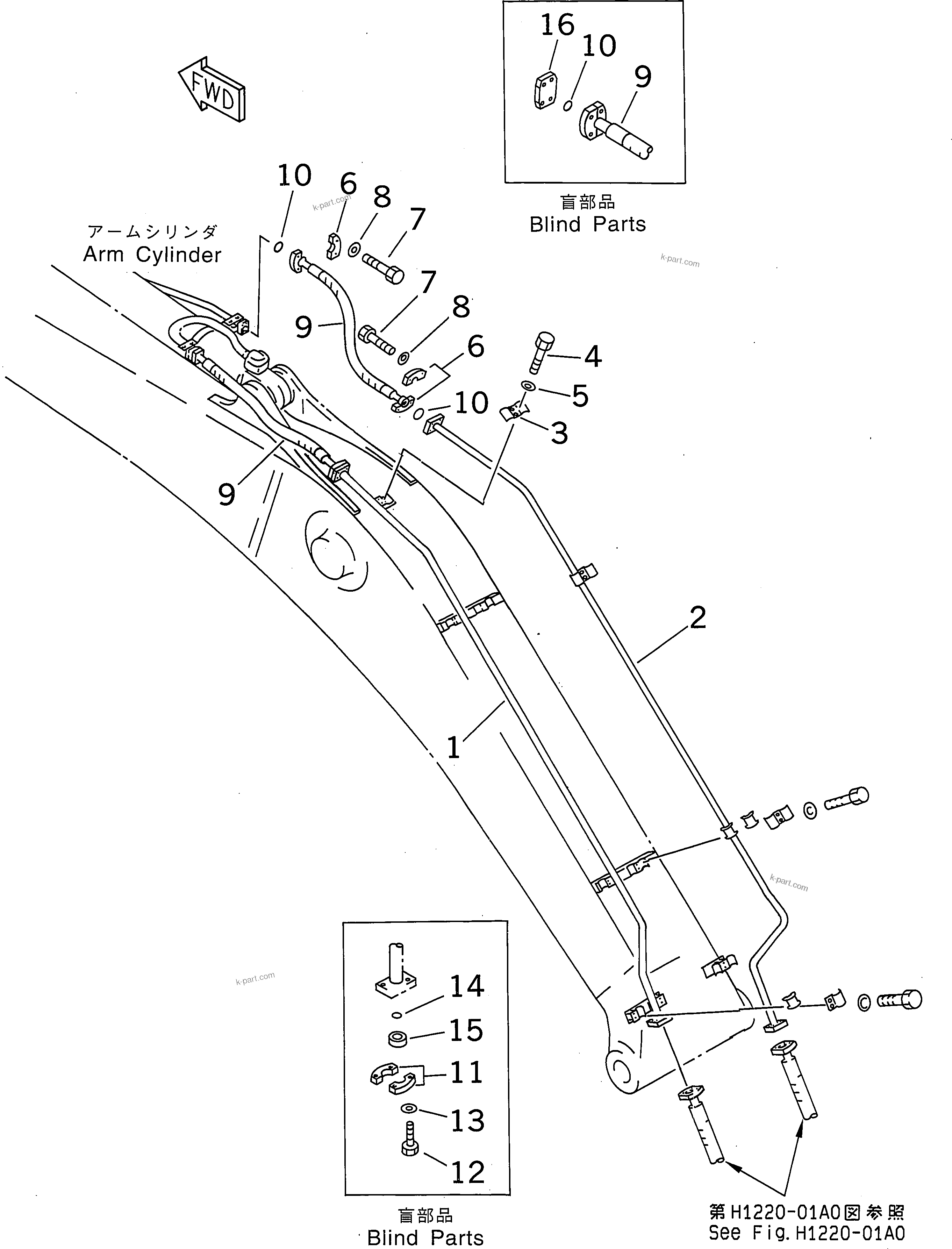 Komatsu parts book diagram for PC450LC-6 S/N 10001-UP: BOOM (6.7M) (SE) (ARM CYLINDER LINE)