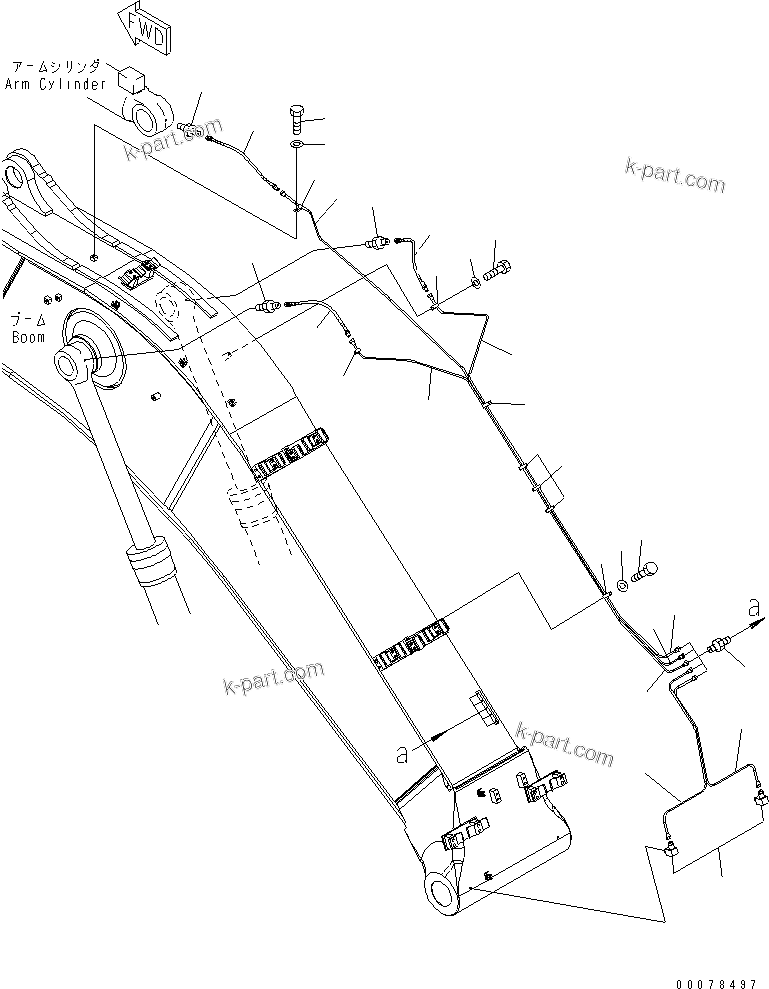 Komatsu parts book diagram for PC450LCHD-8 S/N K50001-UP: BOOM (7.0M) (LUBRICATING LINE) (#K50350-)
