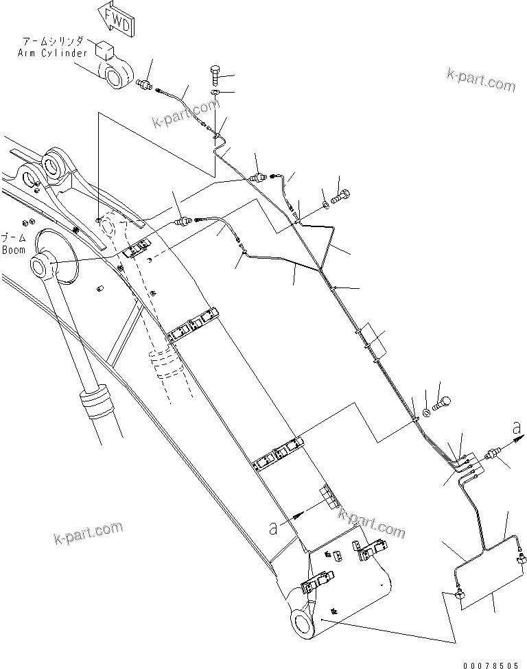 Komatsu parts book diagram for PC450LCHD-8 S/N K50001-UP: BOOM (6.7M) (LUBRICATING LINE) (#K50350-)