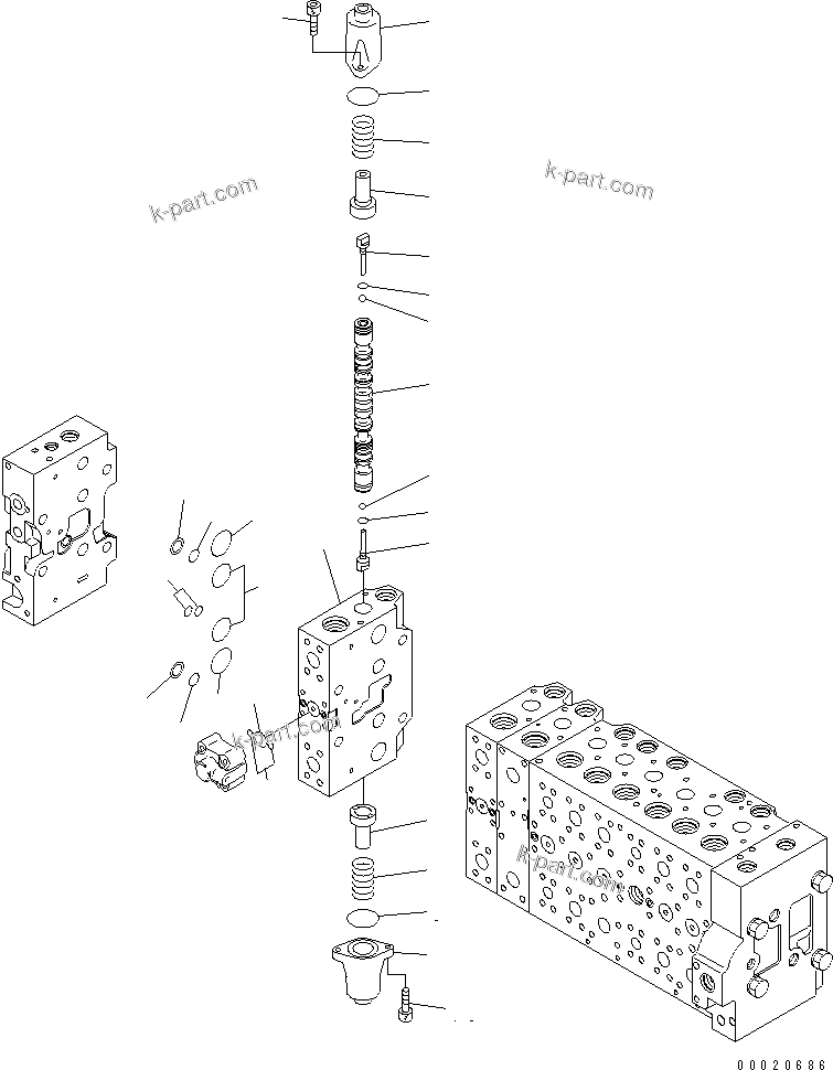 Komatsu parts book diagram for PC450LCHD-8 S/N K50001-UP: MAIN VALVE (2-ACTUATOR) (23/25) (#K50001-K50499)
