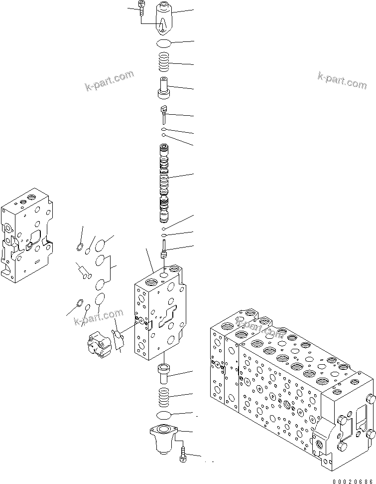 Komatsu parts book diagram for PC450LCHD-8 S/N K50001-UP: MAIN VALVE (2-ACTUATOR) (23/25) (#K50500-)