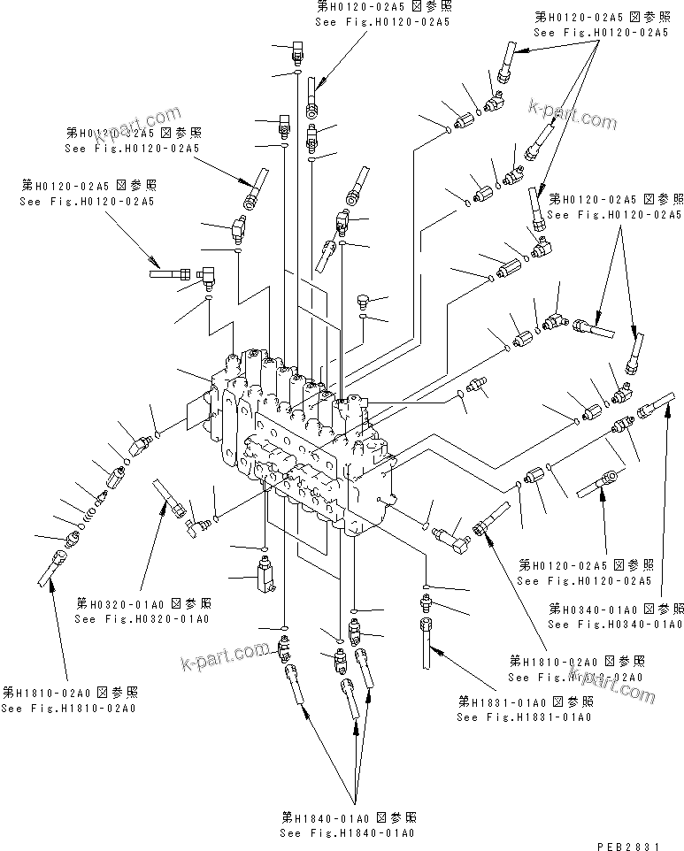 Komatsu parts book diagram for PC450LC-6Z S/N 10001-UP: MAIN VALVE (CONNECTING PARTS)(#10267-11999)