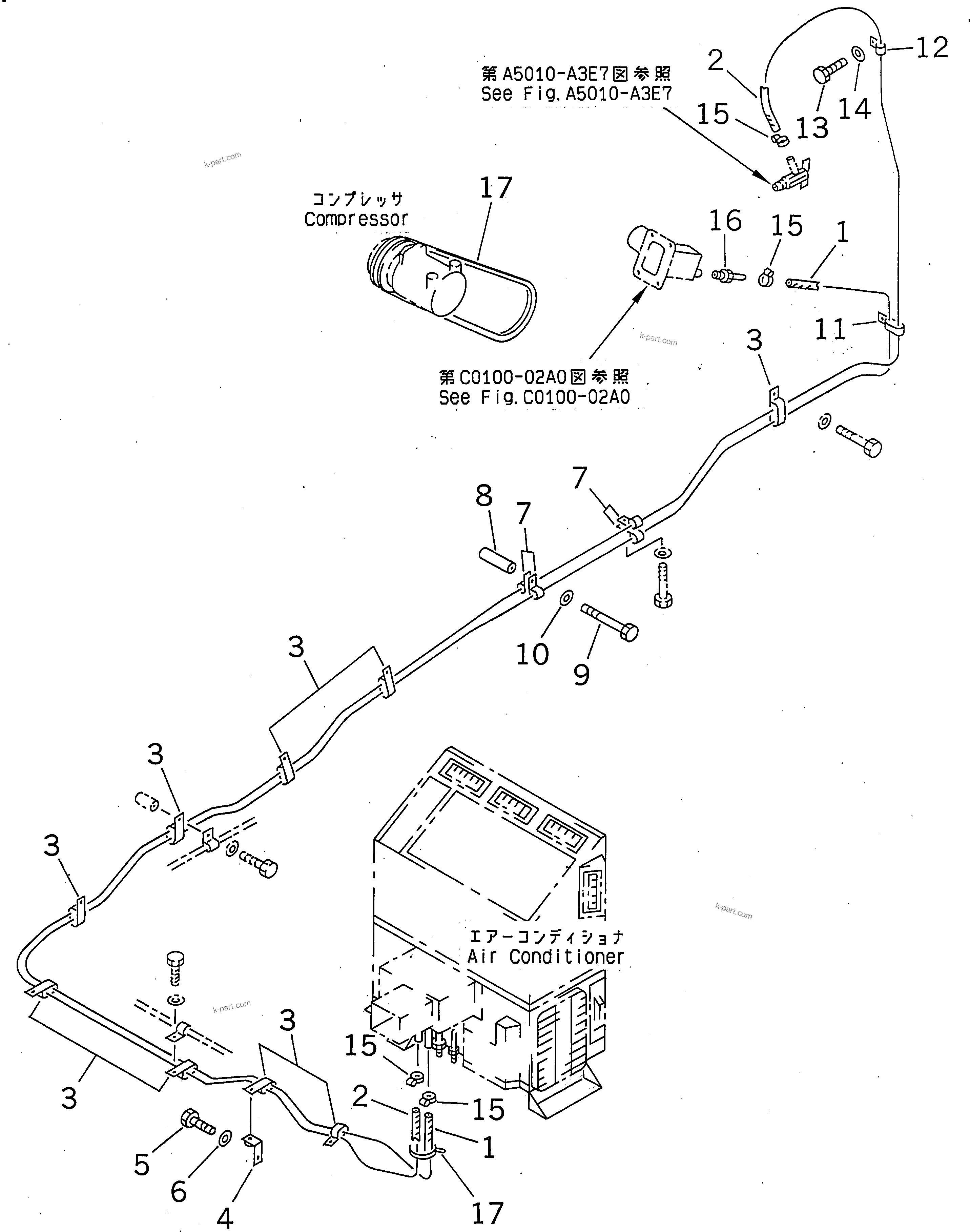 Komatsu parts book diagram for PC450LC-6Z S/N 10001-UP: AIR CONDITIONER (HEATING LINES AND DUCT)(#10156-10208)