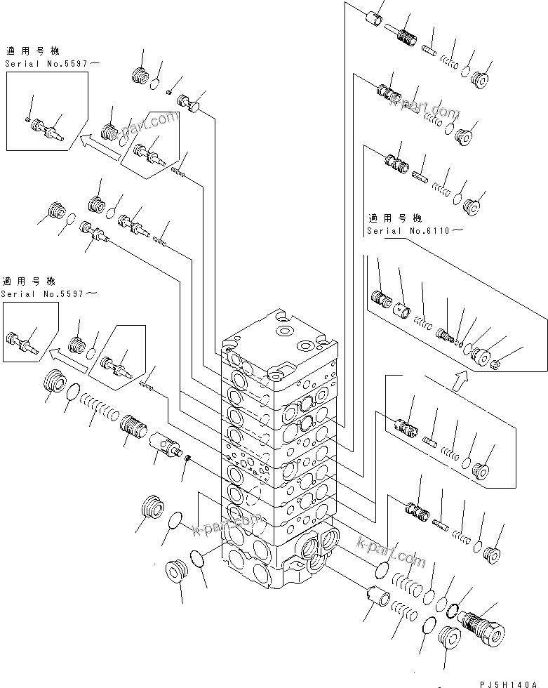 Komatsu parts book diagram for PC45R-8 S/N 5001-UP: MAIN VALVE (8-VALVE) (9/15)