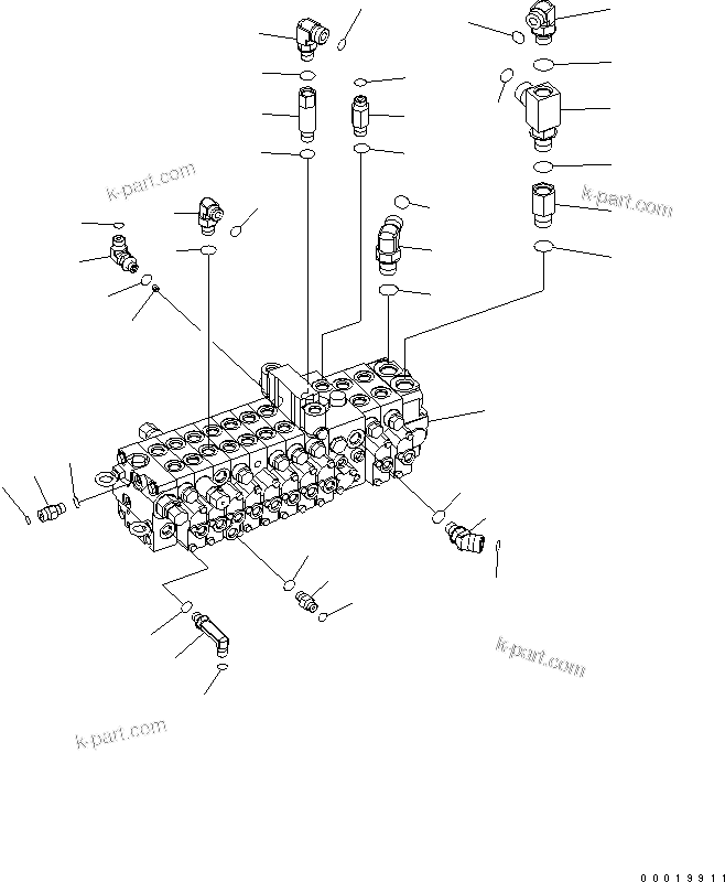 Komatsu parts book diagram for PC50MR-2 S/N 5001-UP (For North America): MAIN VALVE (VALVE AND ELBOW) (FOR POWER ANLGLE BLADE)