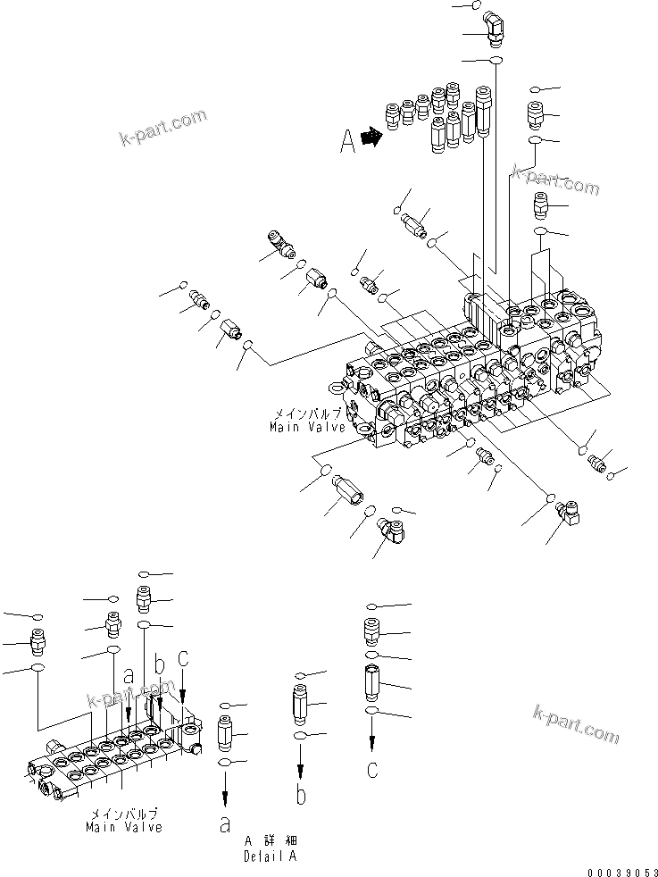 Komatsu parts book diagram for PC50MR-2 S/N 5001-UP (For North America): MAIN VALVE (ELBOW) (FOR POWER ANGLE BLADE)