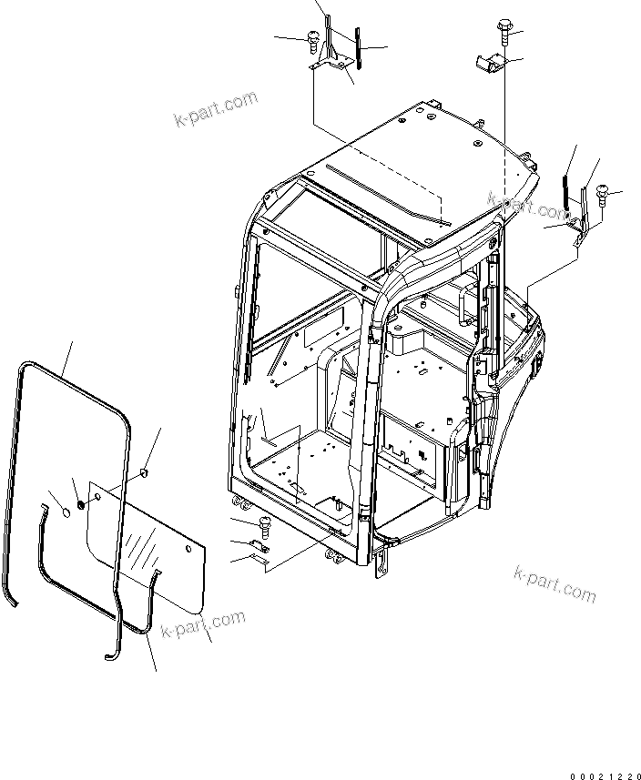 Komatsu parts book diagram for PC50MR-2 S/N 5001-UP (For North America): OPERATOR'S CAB (3/8) (FRONT LOWER GLASS)(#5001-5361)