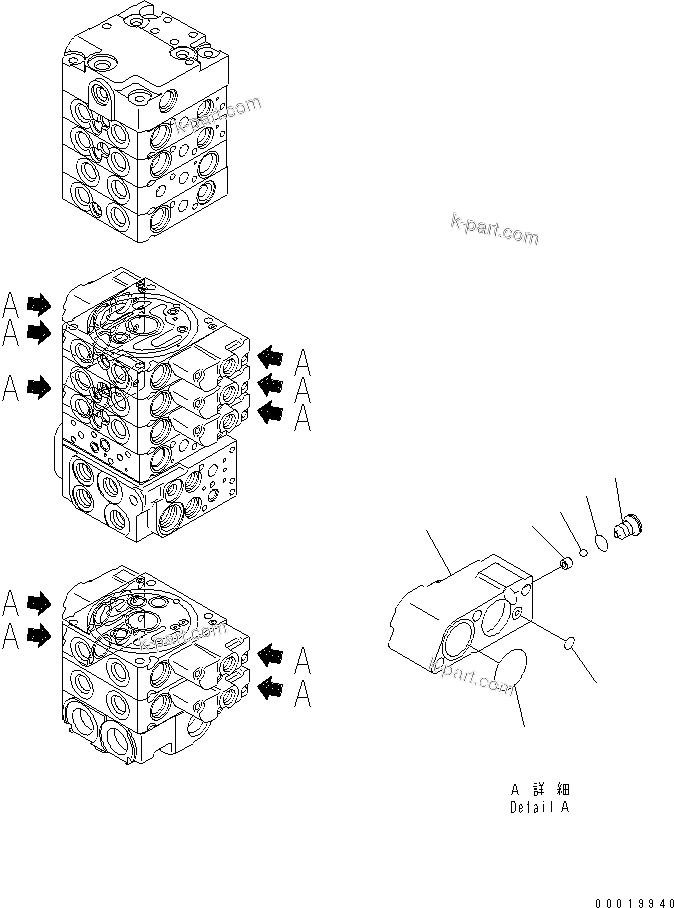 Komatsu parts book diagram for PC50MR-2 S/N 5001-UP (For High Altitude): MAIN VALVE (10-VALVE) (FOR POWER ANLGLE BLADE) (5/24)
